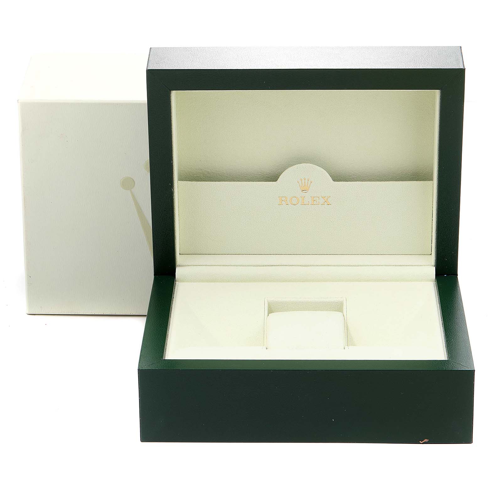 The image shows an open Rolex Datejust 116233 Men's Steel and Gold (two tone) Blue Dial 116233 Men's Steel and Gold (two tone) Blue Dial watch box, angled from the front, with the storage cushion in the center.