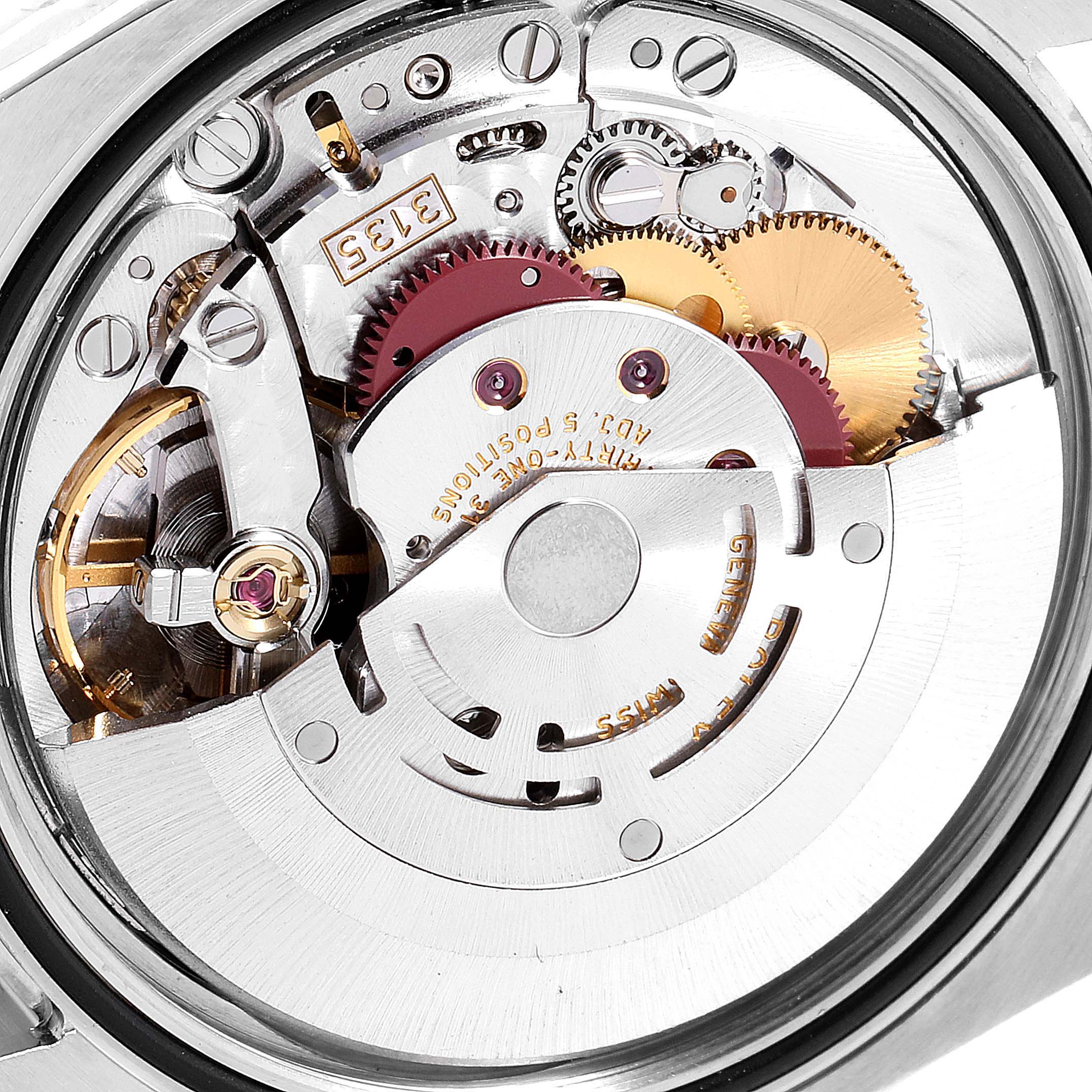 The image shows a close-up view of the internal mechanical movement of a Rolex Datejust 116233 Men's Steel and Gold (two tone) Blue Dial 116233 Men's Steel and Gold (two tone) Blue Dial watch.