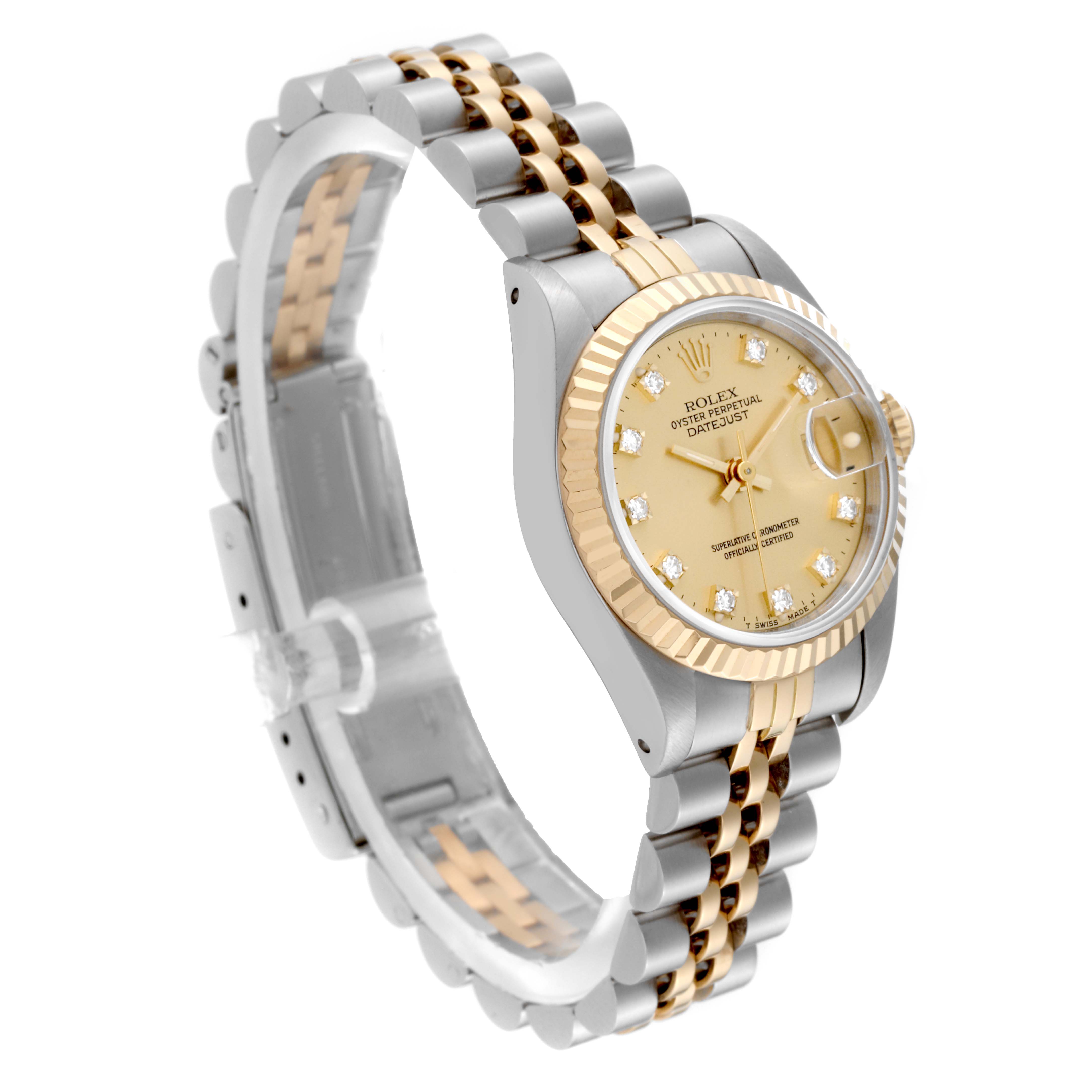 The Rolex Datejust 69173 Women's Steel and Gold (two tone) Champagne Dial 69173 Women's Steel and Gold (two tone) Champagne Dial watch is shown at an angle revealing its gold dial, fluted bezel, and two-tone bracelet.