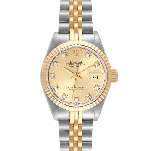 The Rolex Datejust model is shown from the front, displaying its dial, hands, crown, and two-tone metal bracelet.