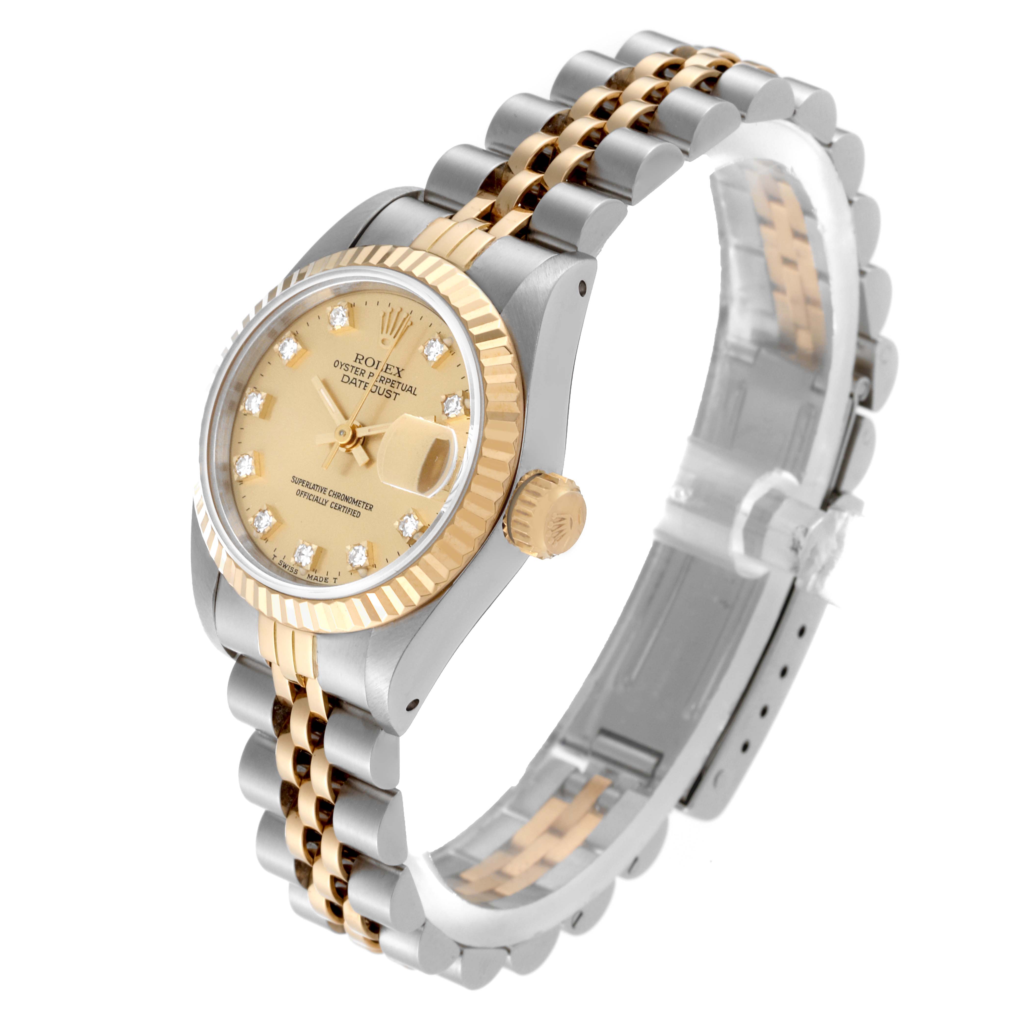 The image shows a Rolex Datejust 69173 Women's Steel and Gold (two tone) Champagne Dial 69173 Women's Steel and Gold (two tone) Champagne Dial watch at a slight angle, displaying its face, bezel, crown, and two-tone bracelet.