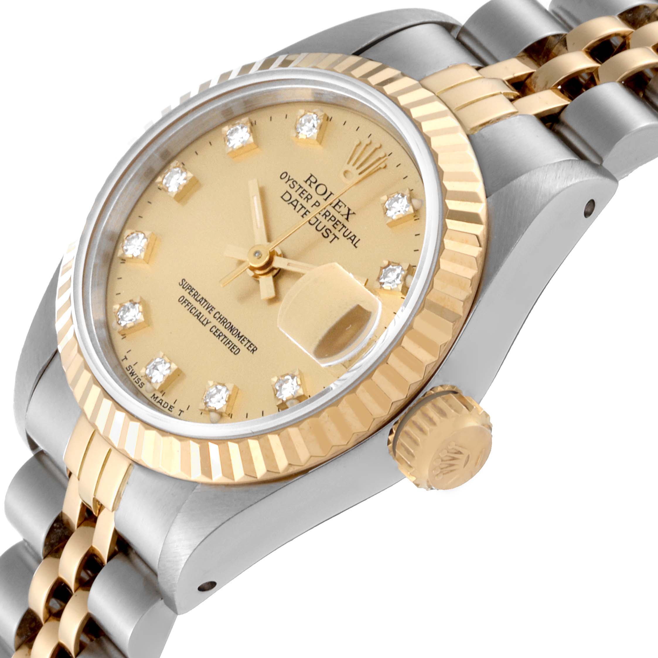 This image shows a close-up angle of a Rolex Datejust 69173 Women's Steel and Gold (two tone) Champagne Dial 69173 Women's Steel and Gold (two tone) Champagne Dial watch, capturing the dial, bezel, crown, and part of the bracelet.
