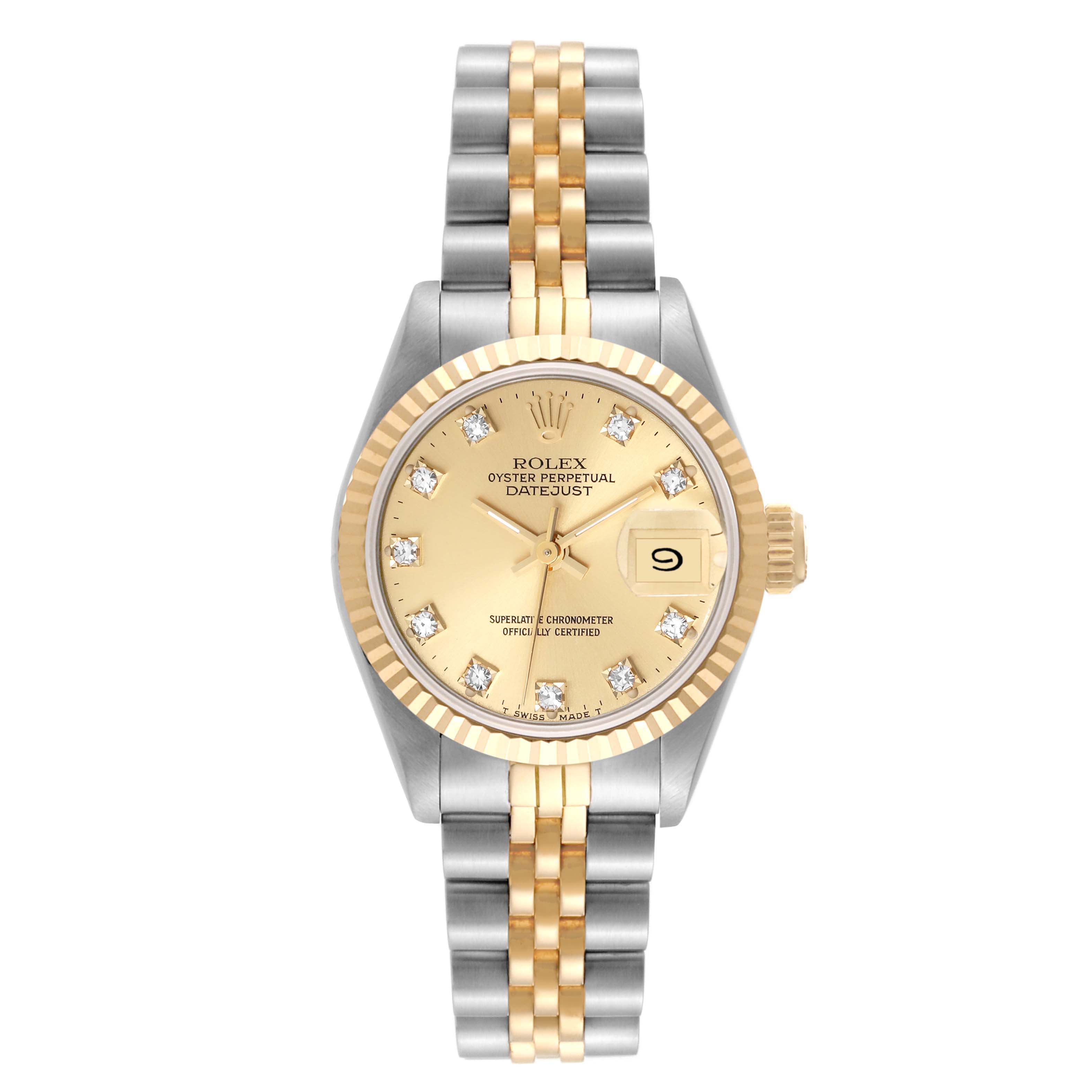 The image shows a front view of a Rolex Datejust 69173 Women's Steel and Gold (two tone) Champagne Dial 69173 Women's Steel and Gold (two tone) Champagne Dial watch, featuring a gold dial, diamond markers, and a two-tone bracelet.