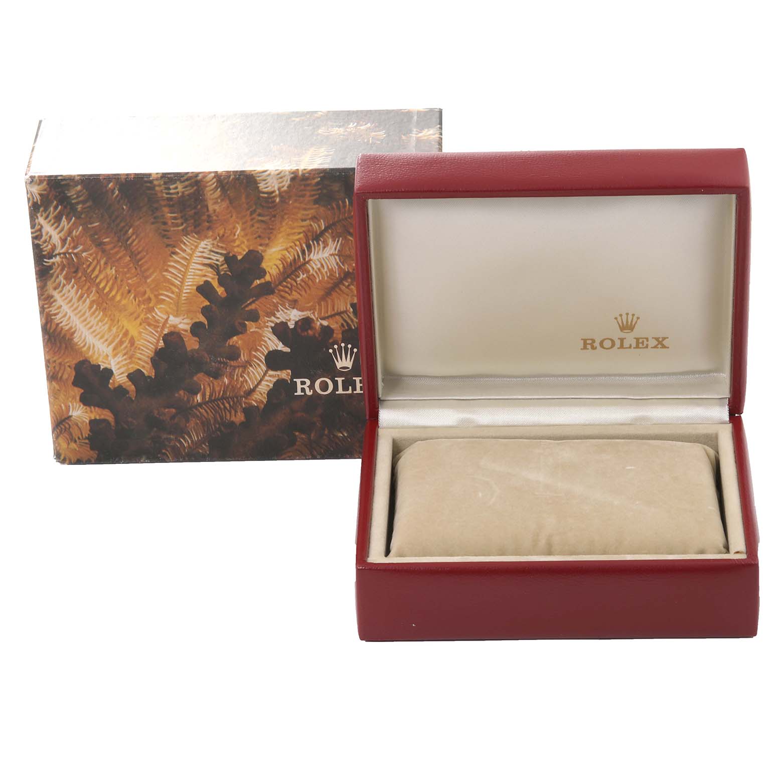 The image shows an empty Rolex Datejust 69173 Women's Steel and Gold (two tone) Champagne Dial 69173 Women's Steel and Gold (two tone) Champagne Dial watch box with its outer packaging and inner cushion.