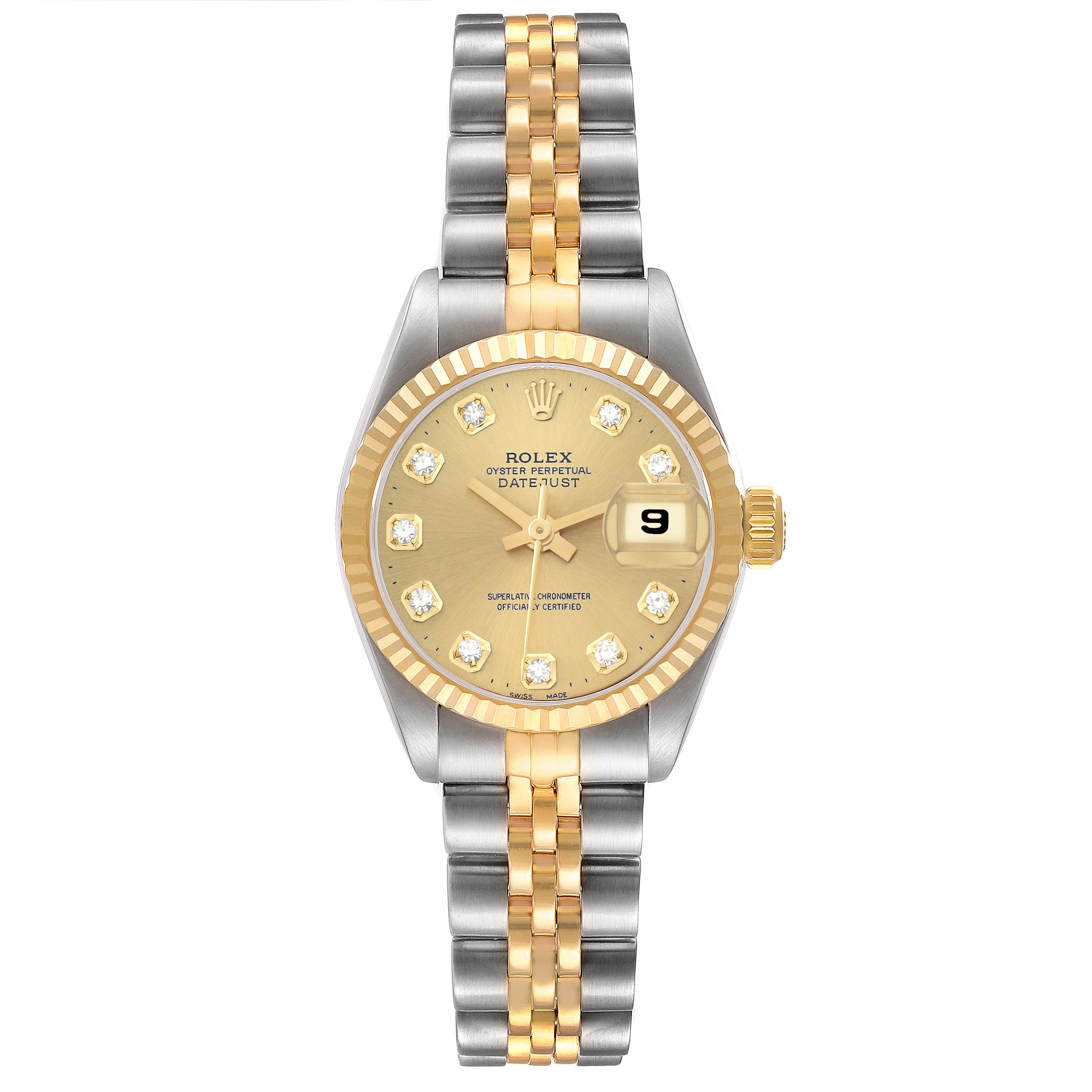 The Rolex Datejust 69173 Women's Steel and Gold (two tone) Champagne Dial watch is shown from a top view, highlighting the dial, bezel, and two-tone bracelet.