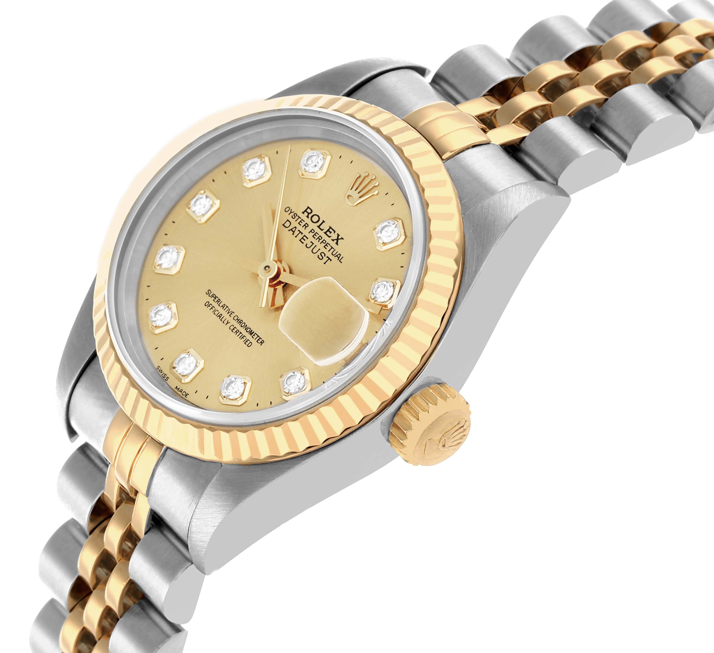 The Rolex Datejust 69173 Women's Steel and Gold (two tone) Champagne Dial watch is shown at an angle highlighting the face, crown, and bracelet.