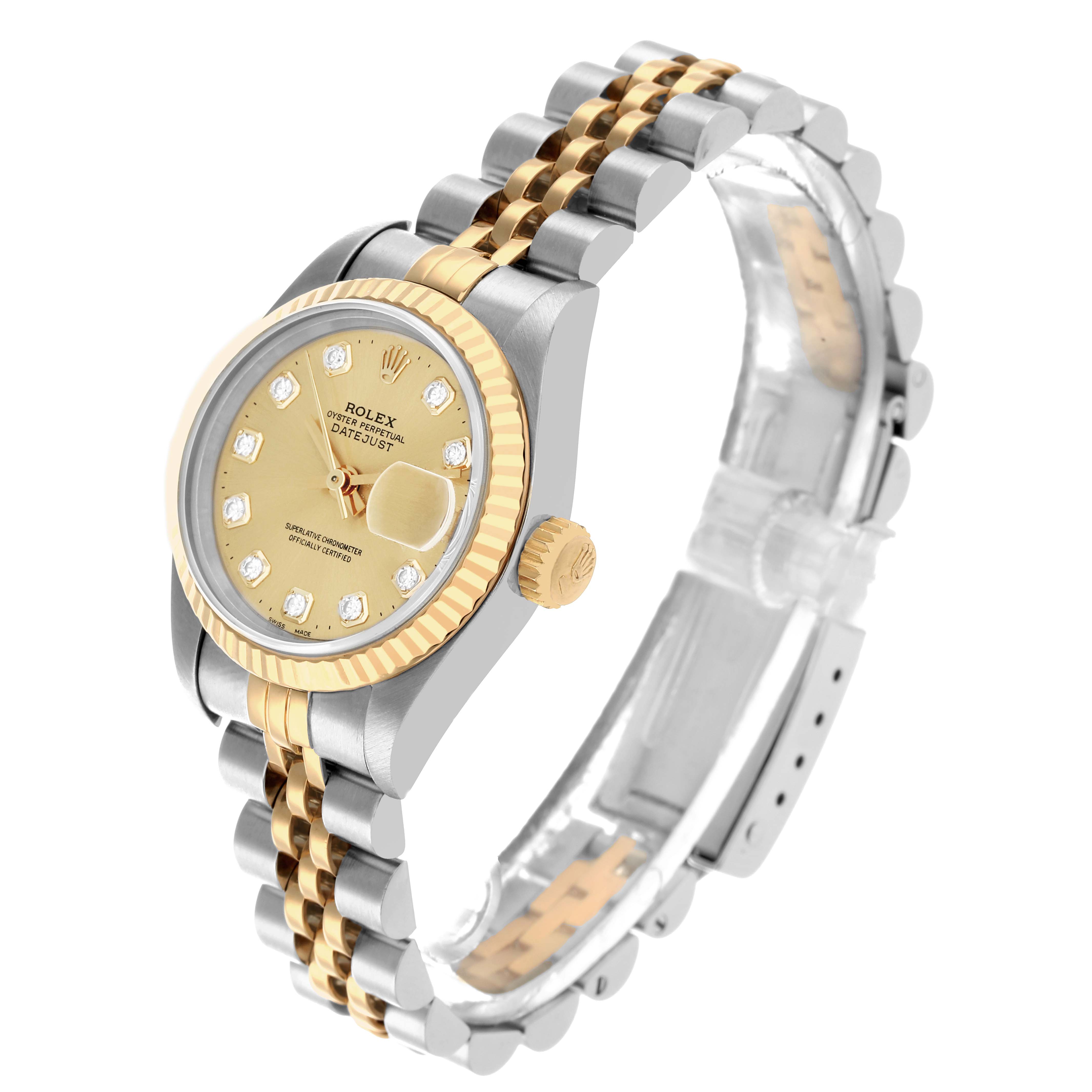 The Rolex Datejust 69173 Women's Steel and Gold (two tone) Champagne Dial watch is shown at a three-quarter angle, highlighting the dial, bezel, and Jubilee bracelet.