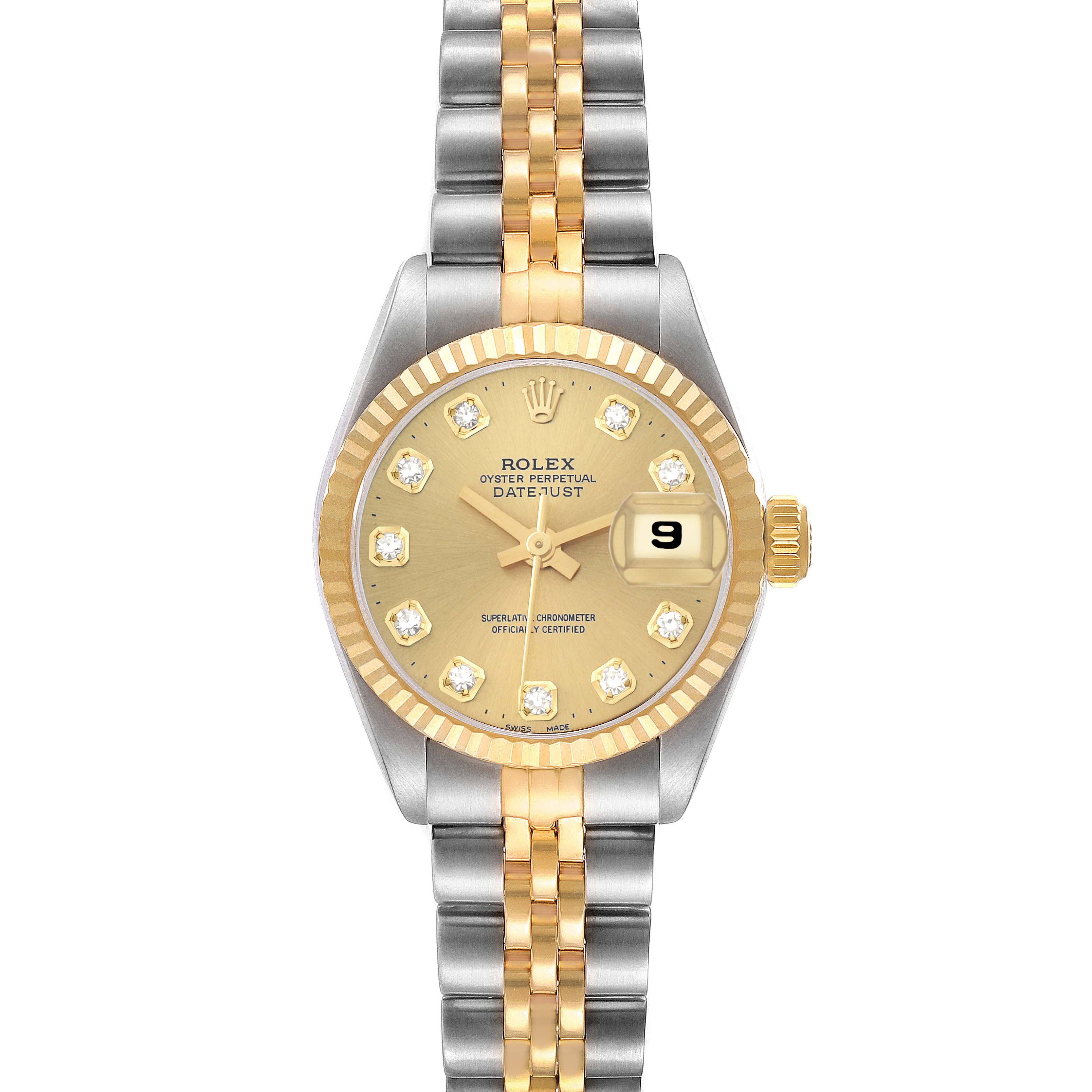 The Rolex Datejust 69173 Women's Steel and Gold (two tone) Champagne Dial watch is shown from a top-down angle, featuring a gold and silver bracelet, gold dial, and date magnification.