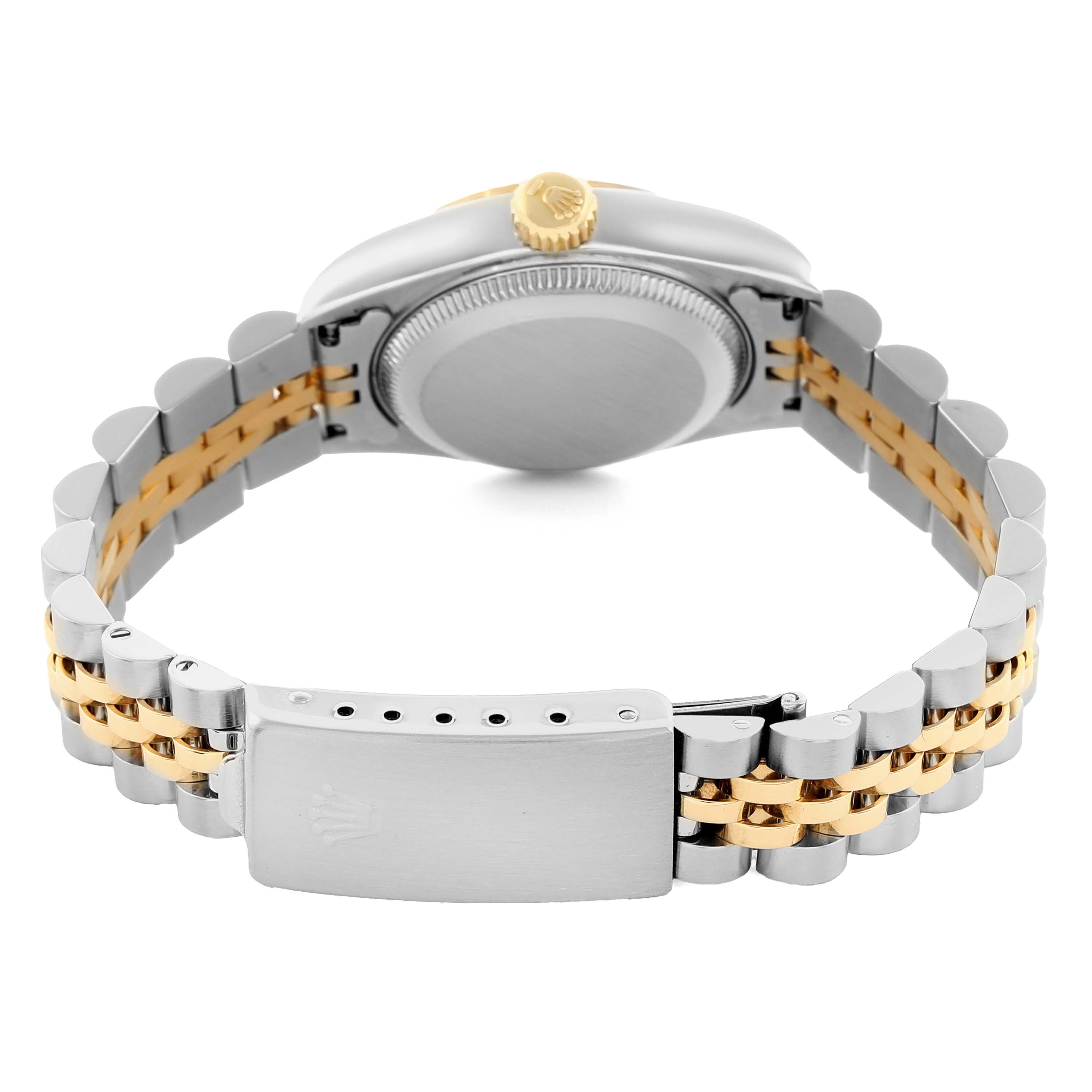 The image shows the back and side view of a Rolex Datejust 69173 Women's Steel and Gold (two tone) Champagne Dial watch, highlighting the case, crown, and Jubilee bracelet.