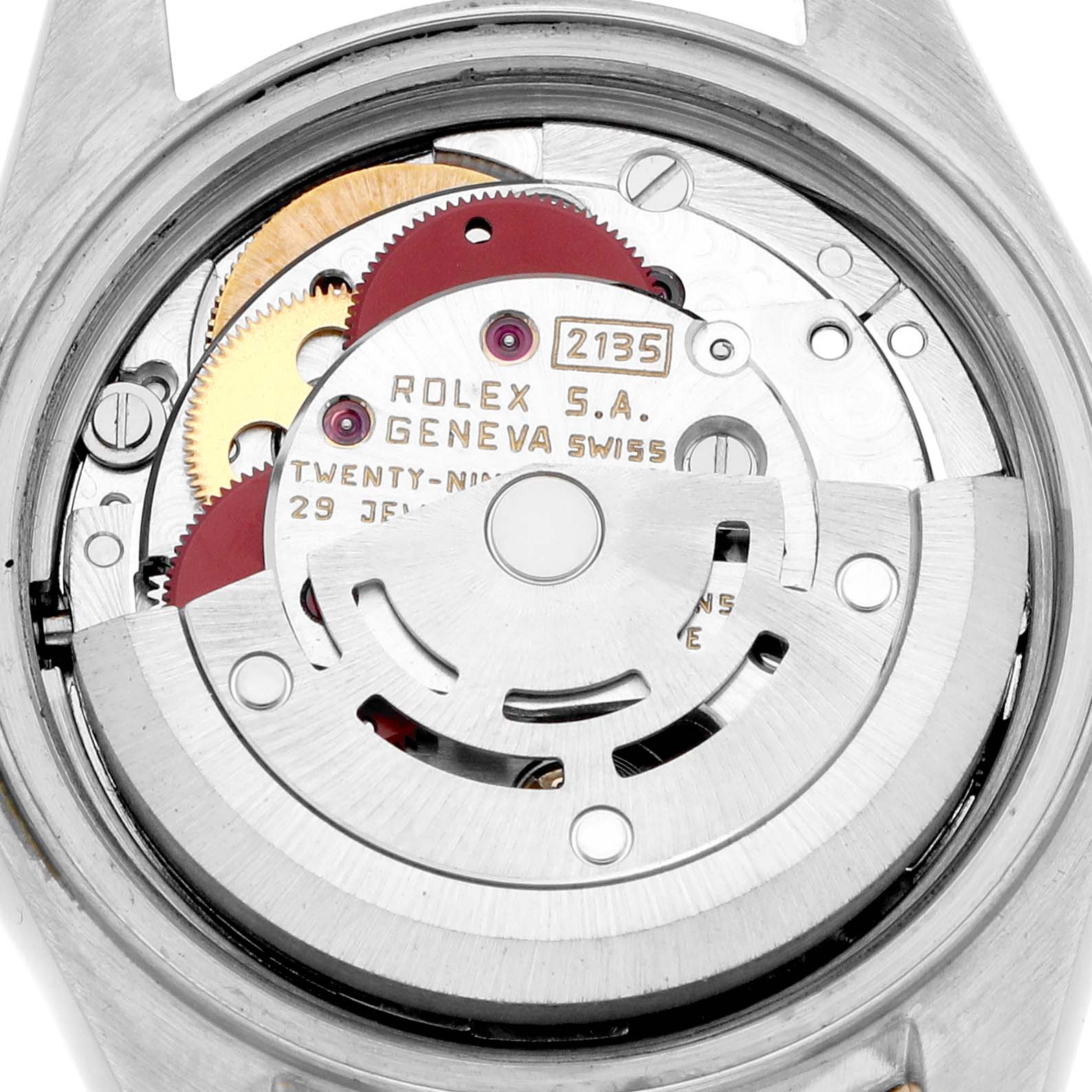 The image shows the back view of a Rolex Datejust 69173 Women's Steel and Gold (two tone) Champagne Dial, displaying its mechanical movement.