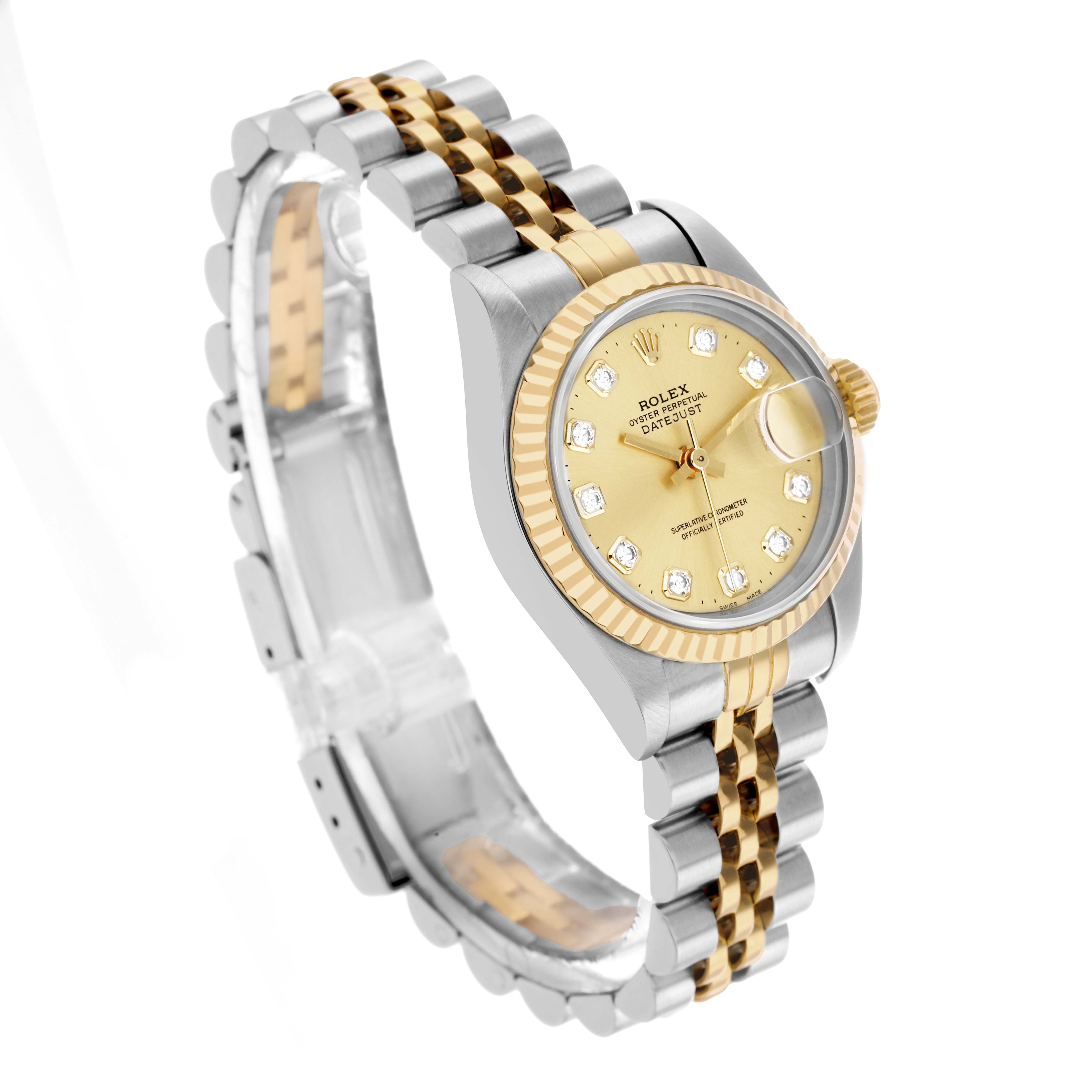 The Rolex Datejust 69173 Women's Steel and Gold (two tone) Champagne Dial is shown at a slight angle, displaying the face, bezel, crown, and two-tone bracelet.