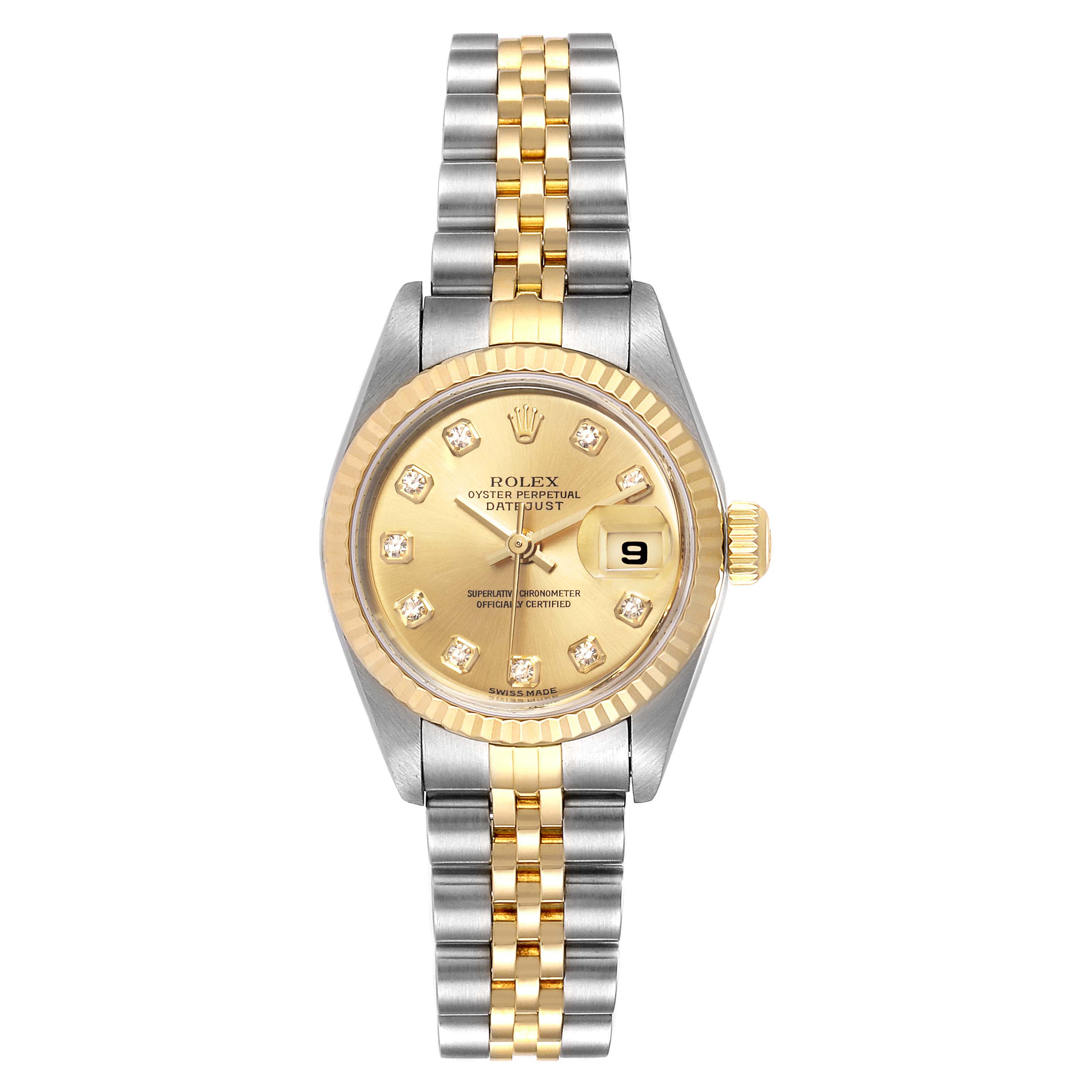 The image shows a front view of a Rolex Datejust 79173 Women's Stainless Steel Champagne Dial 79173 Women's Stainless Steel Champagne Dial watch, highlighting its two-tone bracelet, gold dial, fluted bezel, and date display.