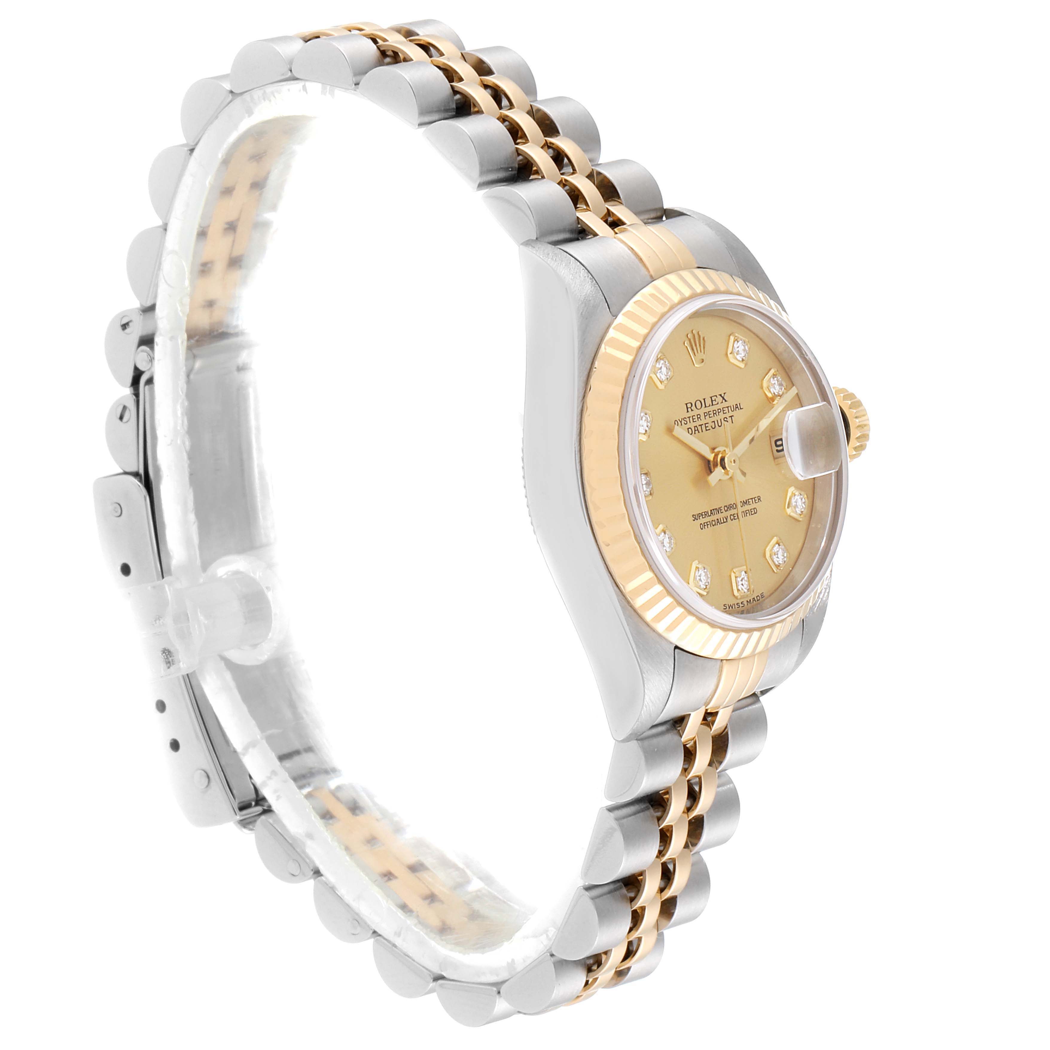 The image shows a side angle of a Rolex Datejust 79173 Women's Stainless Steel Champagne Dial 79173 Women's Stainless Steel Champagne Dial watch, highlighting its two-tone bracelet and fluted bezel.