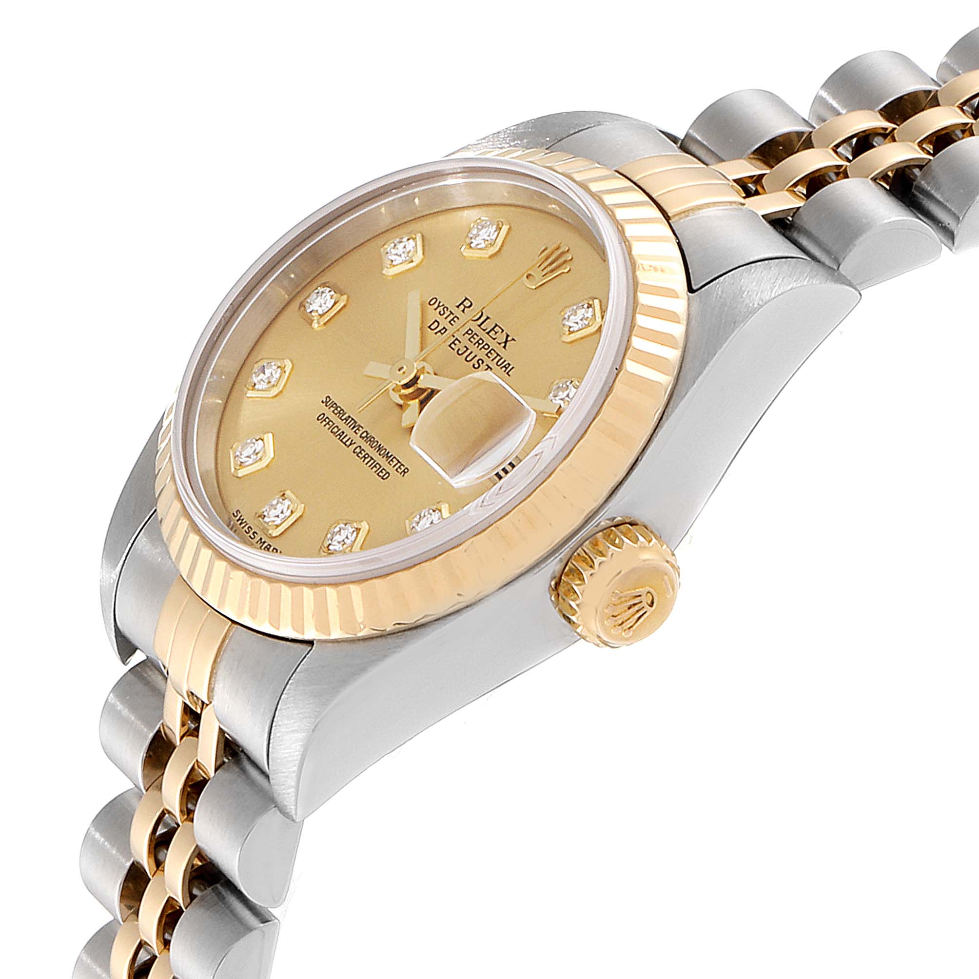 This image shows the Rolex Datejust 79173 Women's Stainless Steel Champagne Dial 79173 Women's Stainless Steel Champagne Dial watch at a side angle, highlighting the crown, bezel, dial, and part of the bracelet.