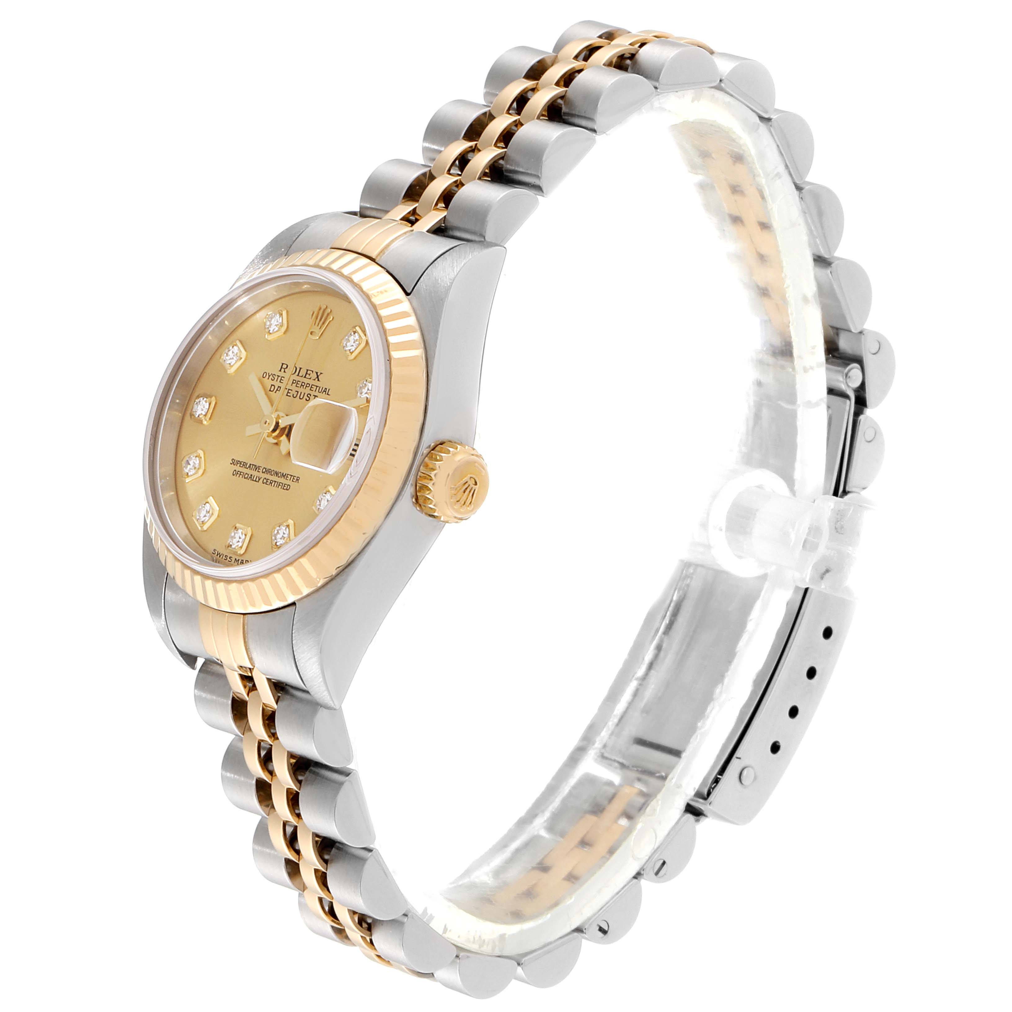 The Rolex Datejust 79173 Women's Stainless Steel Champagne Dial 79173 Women's Stainless Steel Champagne Dial watch is shown at a side angle, highlighting the case, dial, bezel, and bracelet.