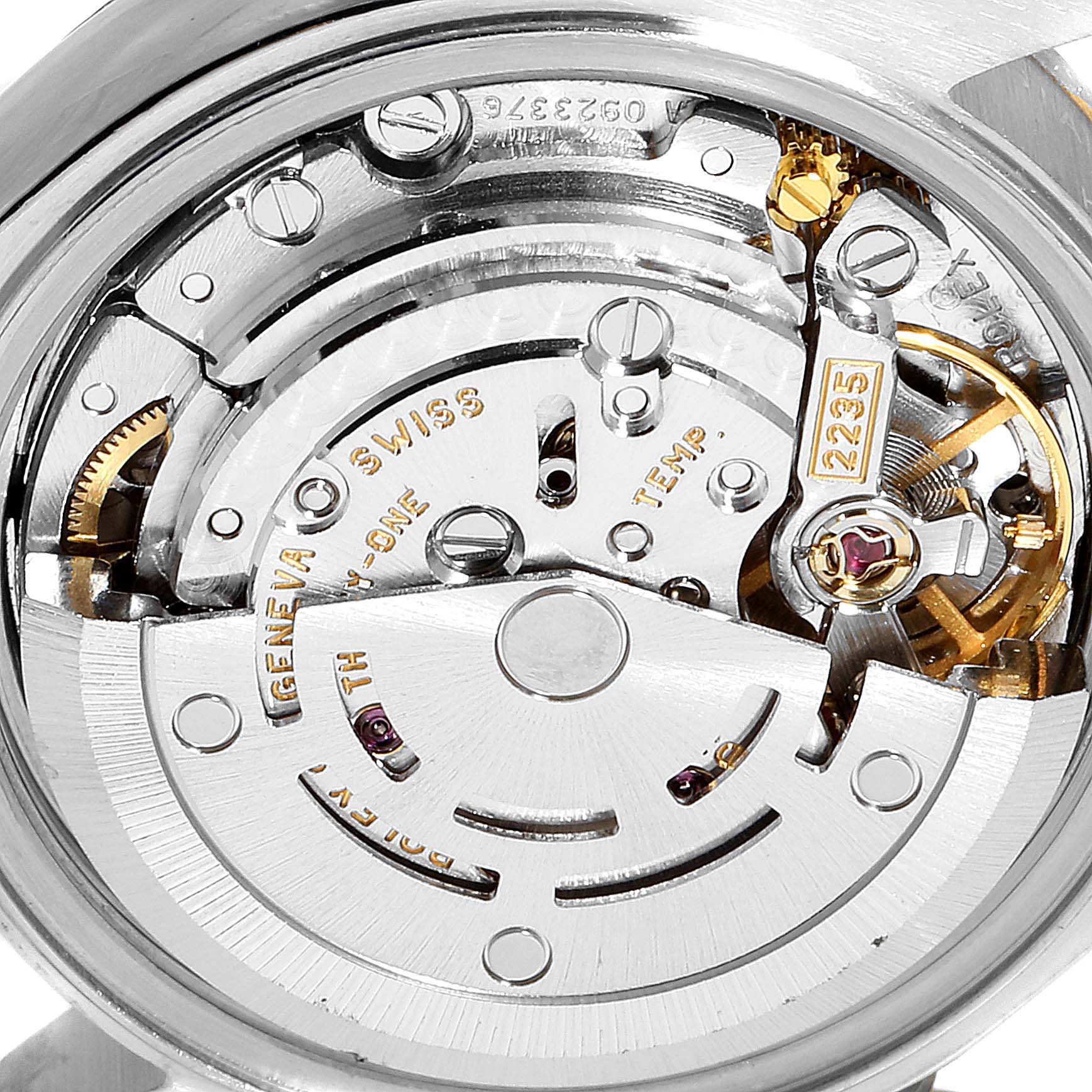 The image shows a close-up view of the movement and inner mechanics of a Rolex Datejust 79173 Women's Stainless Steel Champagne Dial 79173 Women's Stainless Steel Champagne Dial watch.