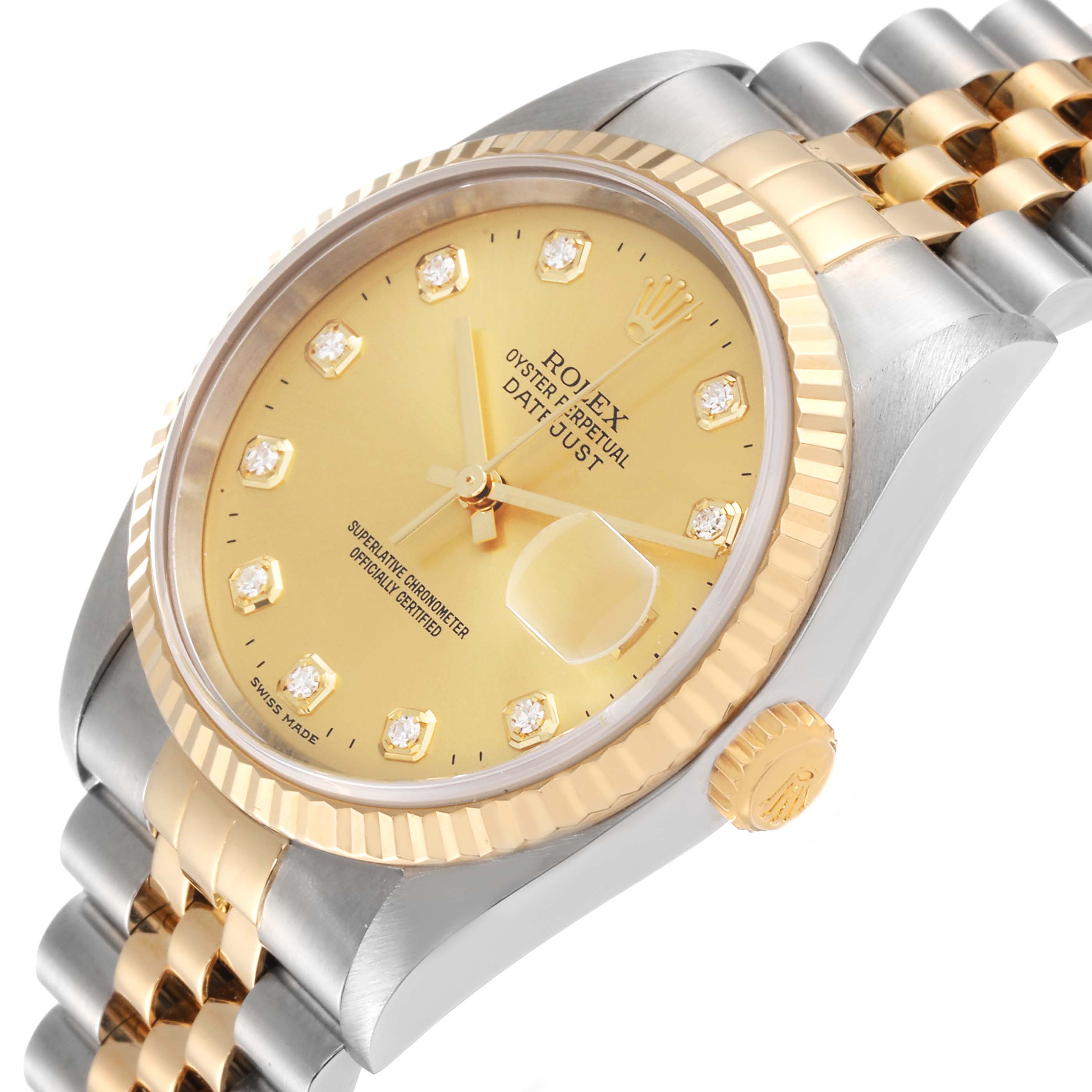 This image shows a close-up angle of a Rolex Datejust 16233 Men's Steel and Gold (two tone) Champagne Dial 16233 Men's Steel and Gold (two tone) Champagne Dial watch, displaying its gold dial, fluted bezel, and jubilee bracelet.