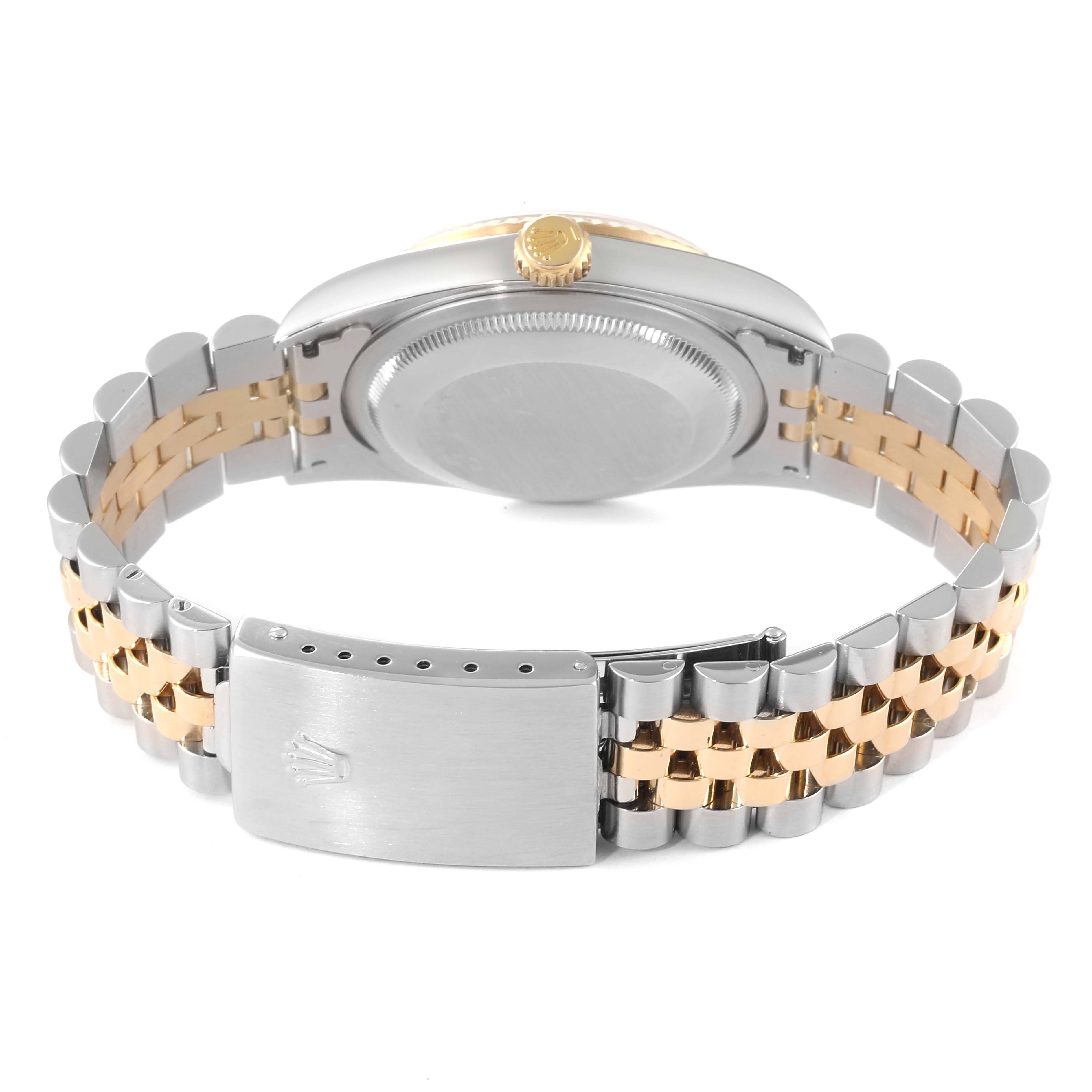 This image shows the back view of the Rolex Datejust 16233 Men's Steel and Gold (two tone) Champagne Dial 16233 Men's Steel and Gold (two tone) Champagne Dial watch, highlighting the case back, crown, and two-tone bracelet.