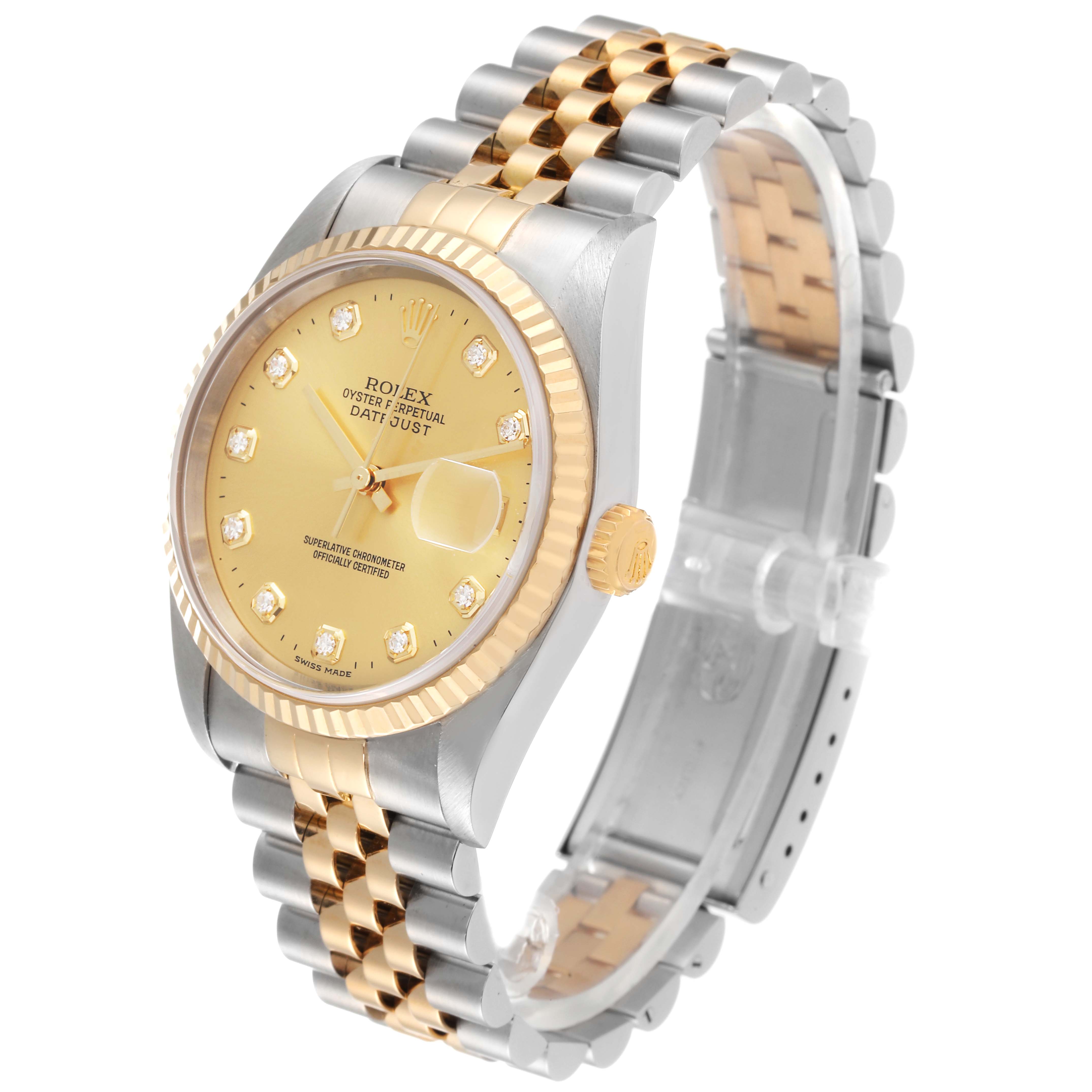 The Rolex Datejust 16233 Men's Steel and Gold (two tone) Champagne Dial 16233 Men's Steel and Gold (two tone) Champagne Dial watch is shown at a three-quarter angle featuring its dial, bezel, crown, and bracelet.