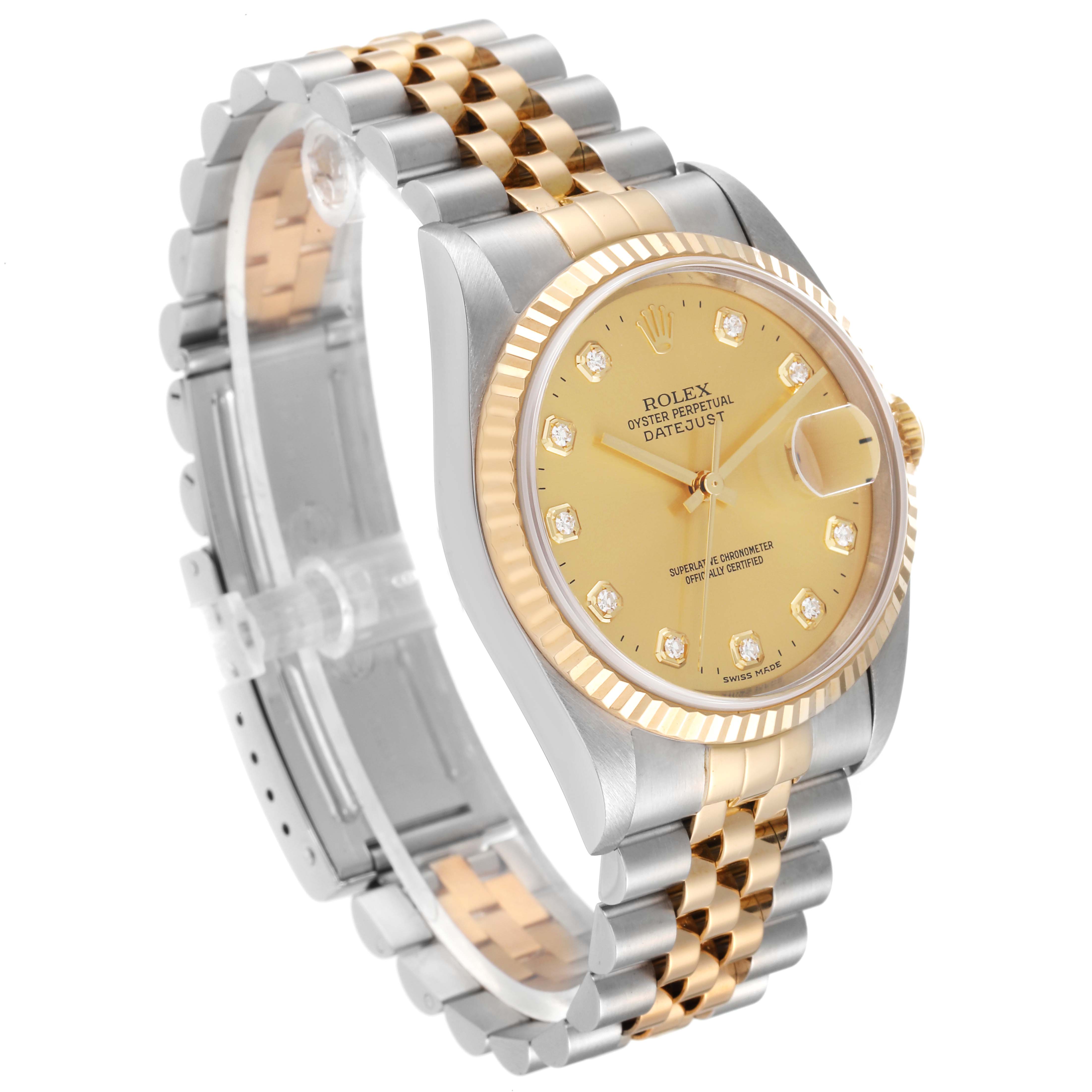 The image shows a Rolex Datejust 16233 Men's Steel and Gold (two tone) Champagne Dial 16233 Men's Steel and Gold (two tone) Champagne Dial watch at a three-quarter angle highlighting the dial, bezel, and jubilee bracelet.