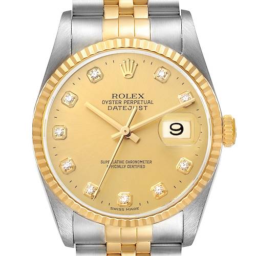 This Rolex Datejust watch is viewed from the front, showcasing the dial, hands, date window, and part of the bracelet.