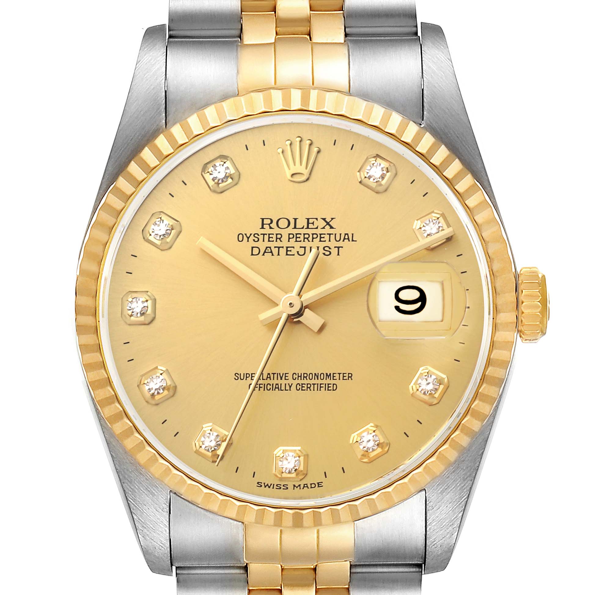 This image shows a front view of a Rolex Datejust 16233 Men's Steel and Gold (two tone) Champagne Dial 16233 Men's Steel and Gold (two tone) Champagne Dial watch displaying the dial, bezel, hands, crown, and bracelet.
