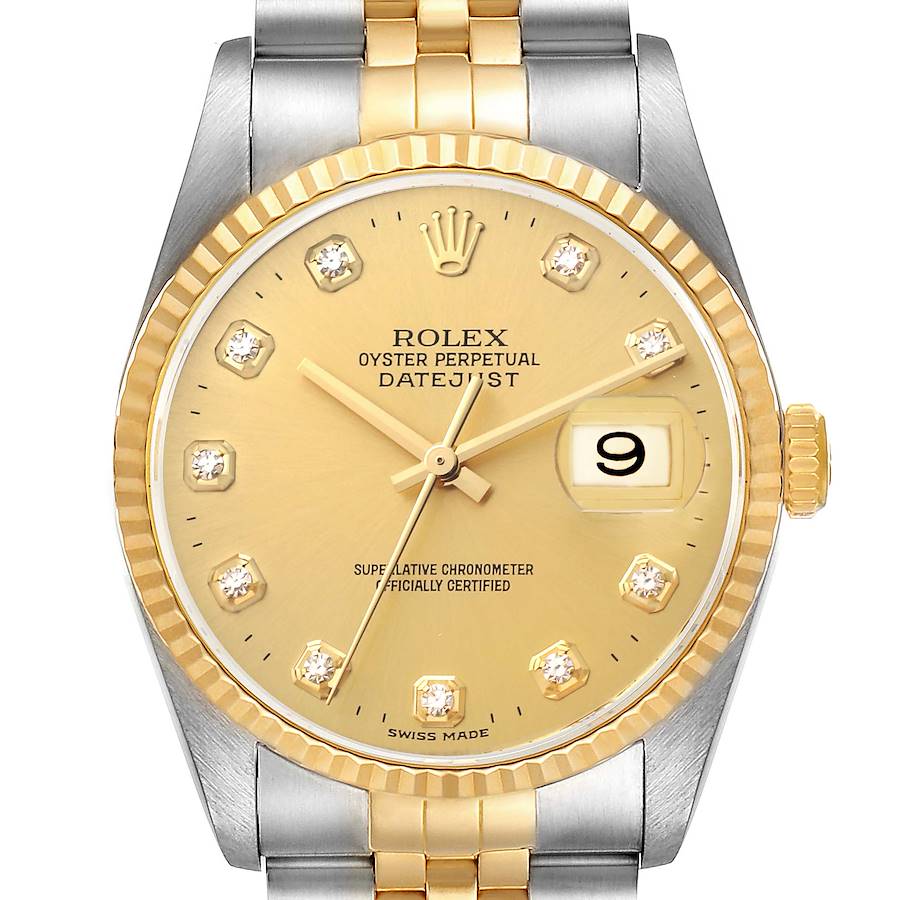 This image shows a front view of a Rolex Datejust watch displaying the dial, bezel, hands, crown, and bracelet.