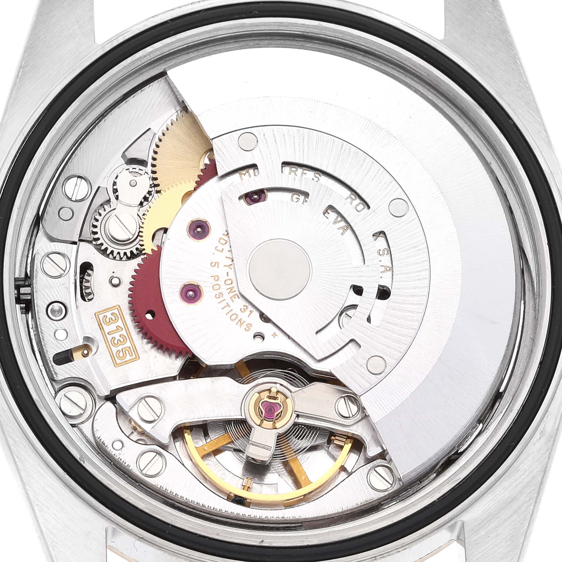 This image shows the internal mechanism of a Rolex Datejust 16233 Men's Steel and Gold (two tone) Champagne Dial 16233 Men's Steel and Gold (two tone) Champagne Dial watch, focusing on the movement components from a back view.