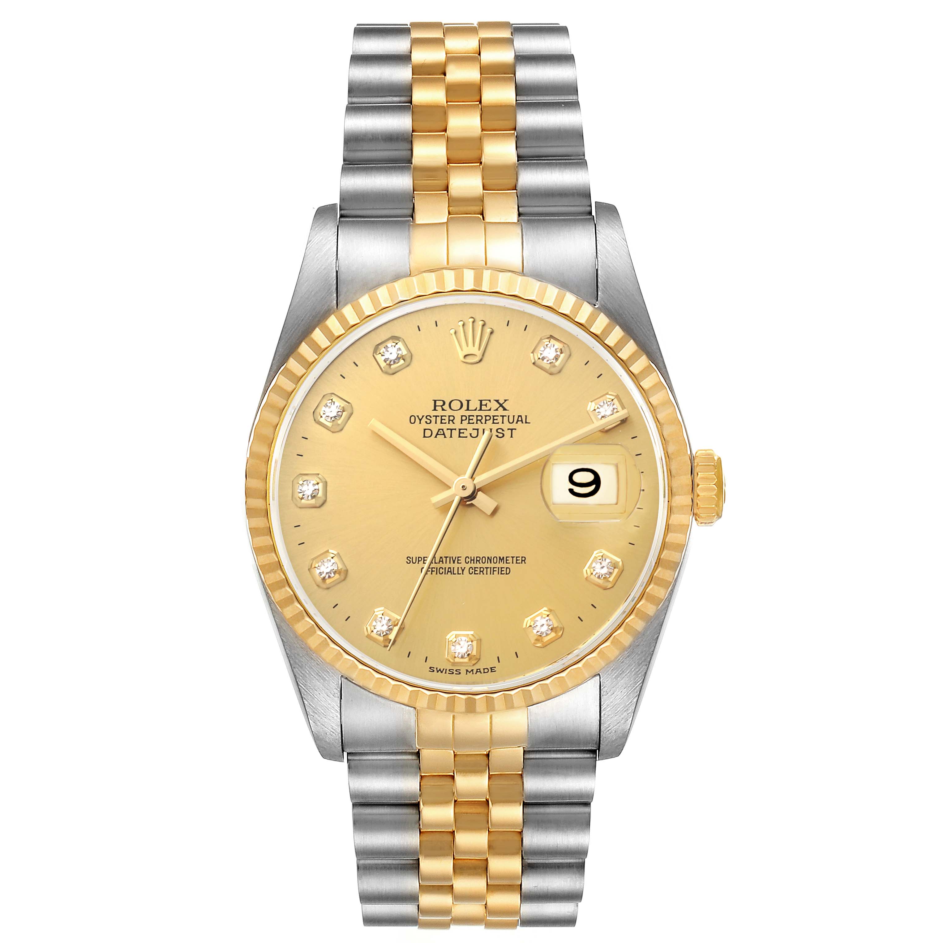 This image shows a front view of a Rolex Datejust 16233 Men's Steel and Gold (two tone) Champagne Dial 16233 Men's Steel and Gold (two tone) Champagne Dial watch, highlighting its two-tone bracelet, gold dial, and diamond hour markers.