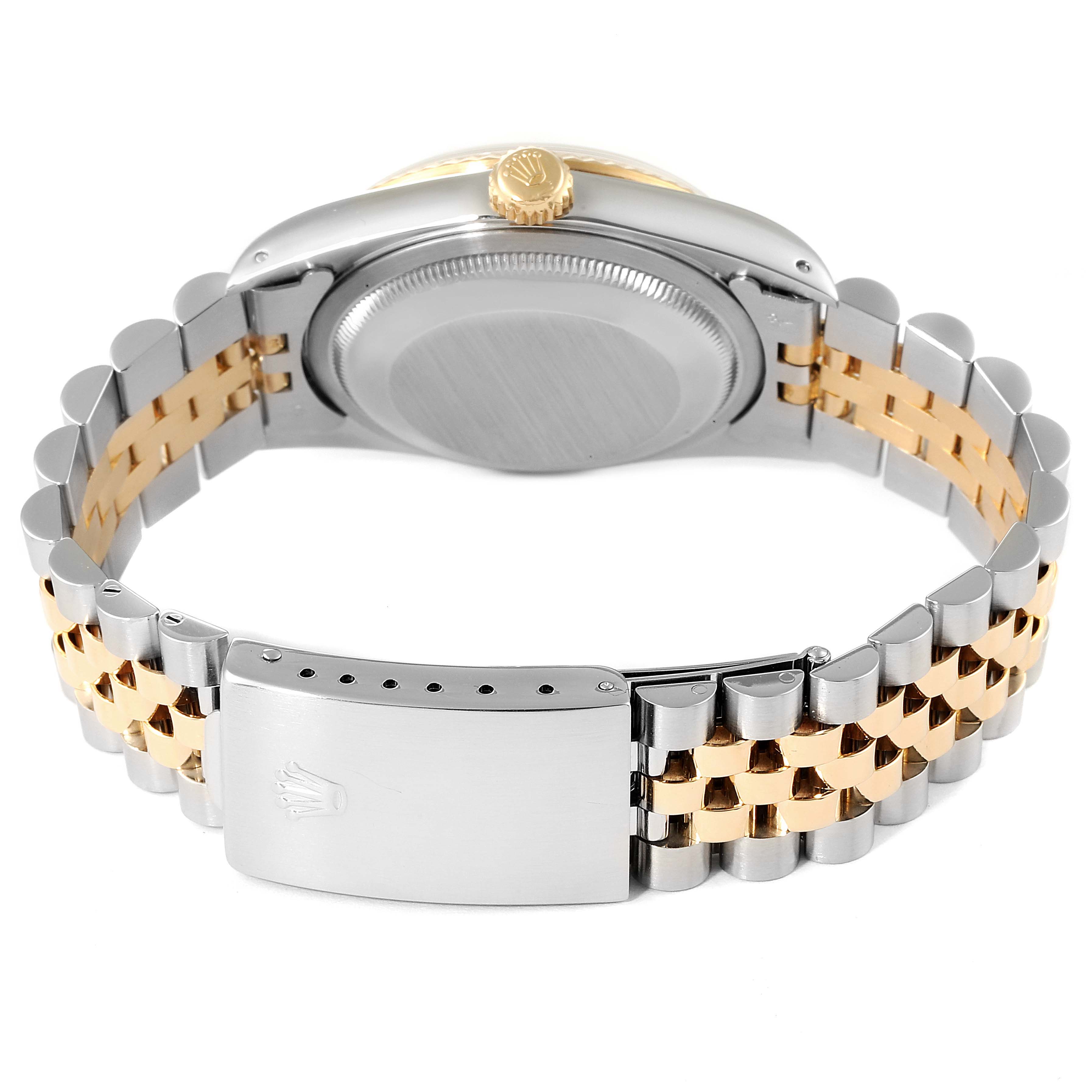 The image shows the back of a Rolex Datejust 16233 Men's Steel and Gold (two tone) Beige Dial 16233 Men's Steel and Gold (two tone) Beige Dial watch, highlighting the two-tone bracelet, case back, and clasp.