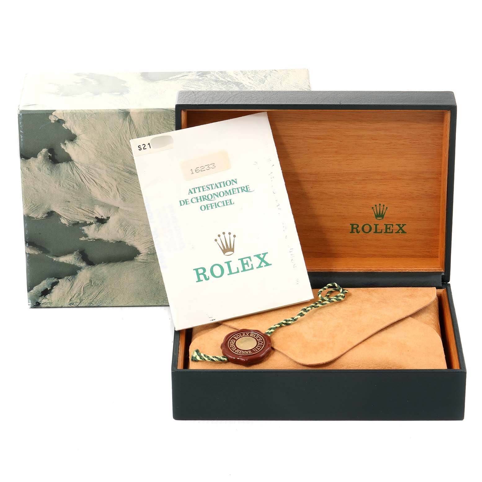 The image shows the packaging of a Rolex Datejust 16233 Men's Steel and Gold (two tone) Beige Dial 16233 Men's Steel and Gold (two tone) Beige Dial watch including the box, certification, and a tag, viewed from the front.