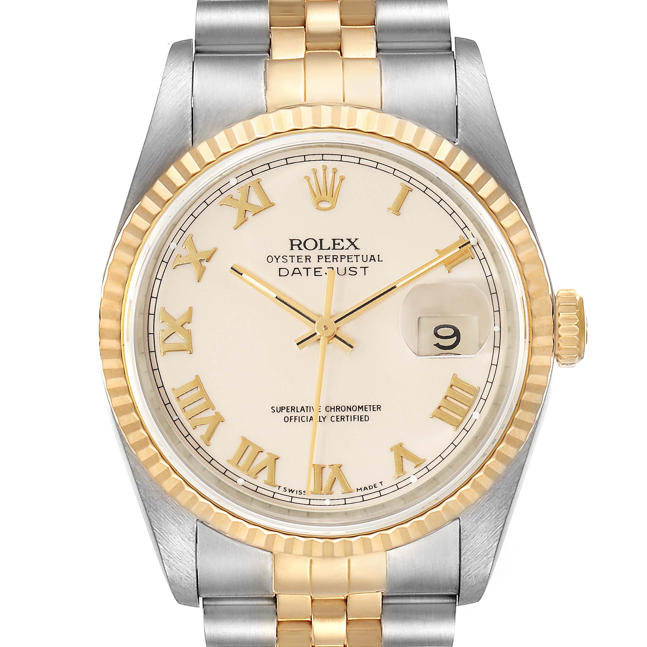 The image shows the Rolex Datejust 16233 Men's Steel and Gold (two tone) Beige Dial 16233 Men's Steel and Gold (two tone) Beige Dial watch's face, Roman numeral markers, fluted bezel, and two-tone bracelet from a front angle.