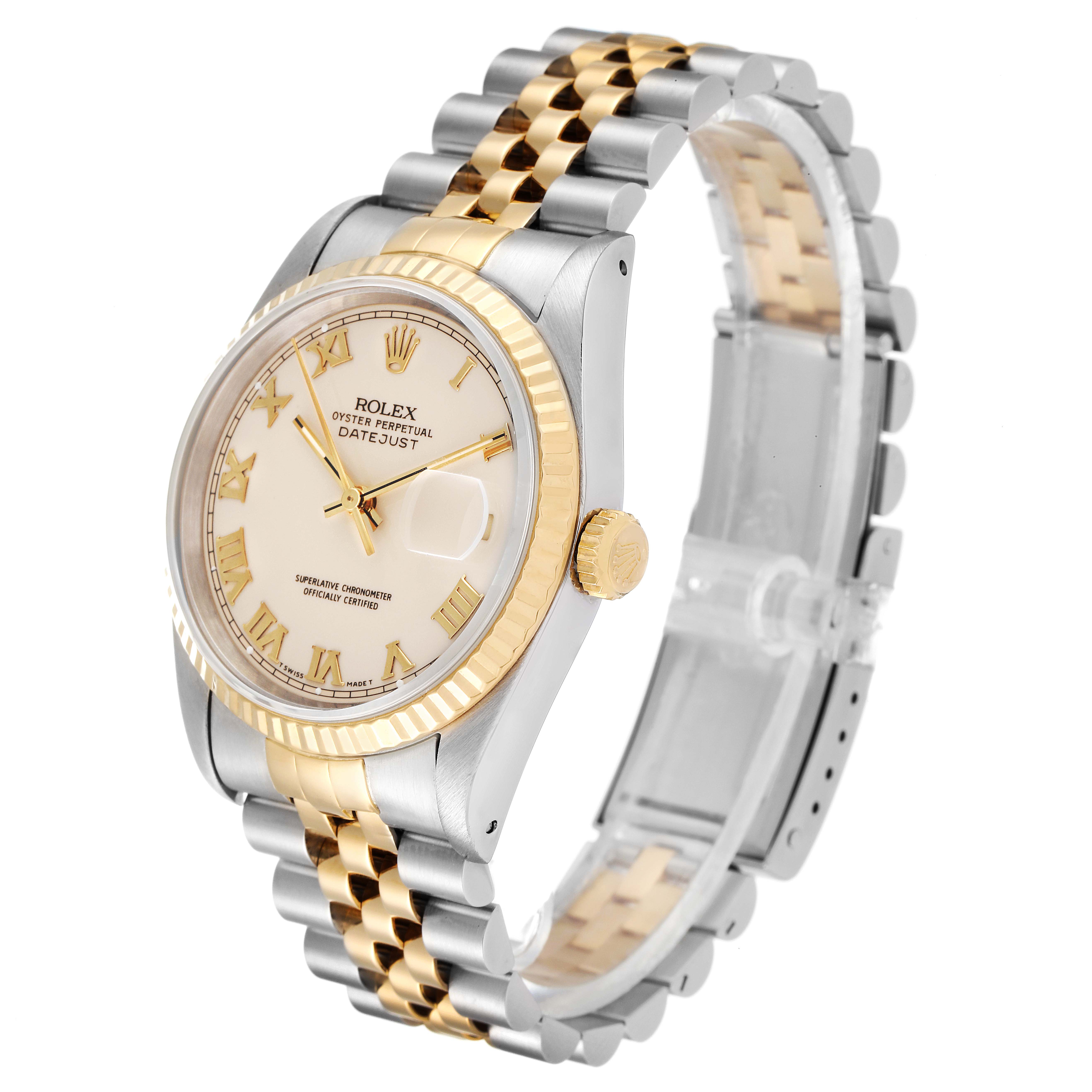 The Rolex Datejust 16233 Men's Steel and Gold (two tone) Beige Dial 16233 Men's Steel and Gold (two tone) Beige Dial watch is shown at a 3/4 angle, displaying its dial, fluted bezel, and two-tone bracelet.