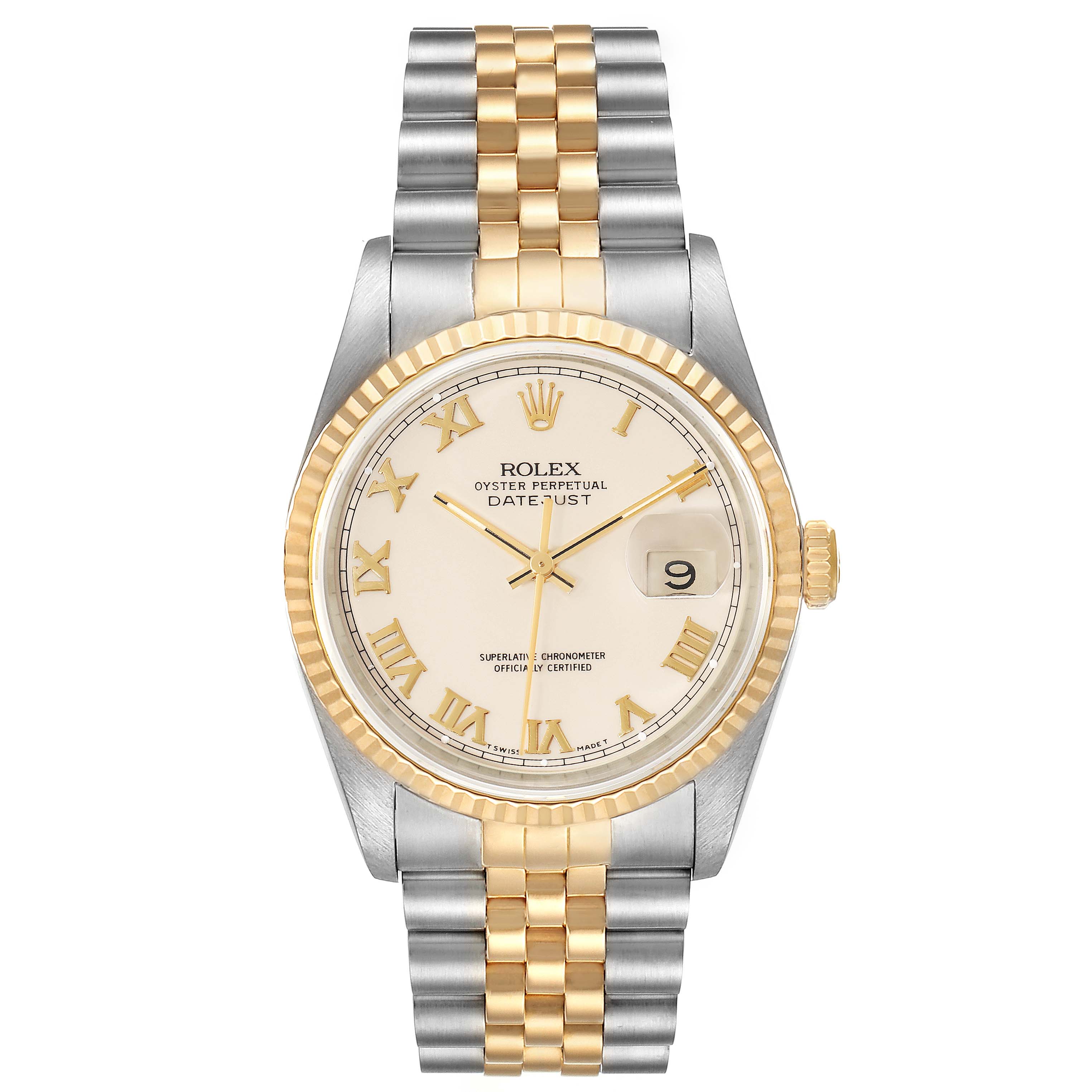 This is a front view of a Rolex Datejust 16233 Men's Steel and Gold (two tone) Beige Dial 16233 Men's Steel and Gold (two tone) Beige Dial watch showing the dial, bezel, crown, and two-tone bracelet.
