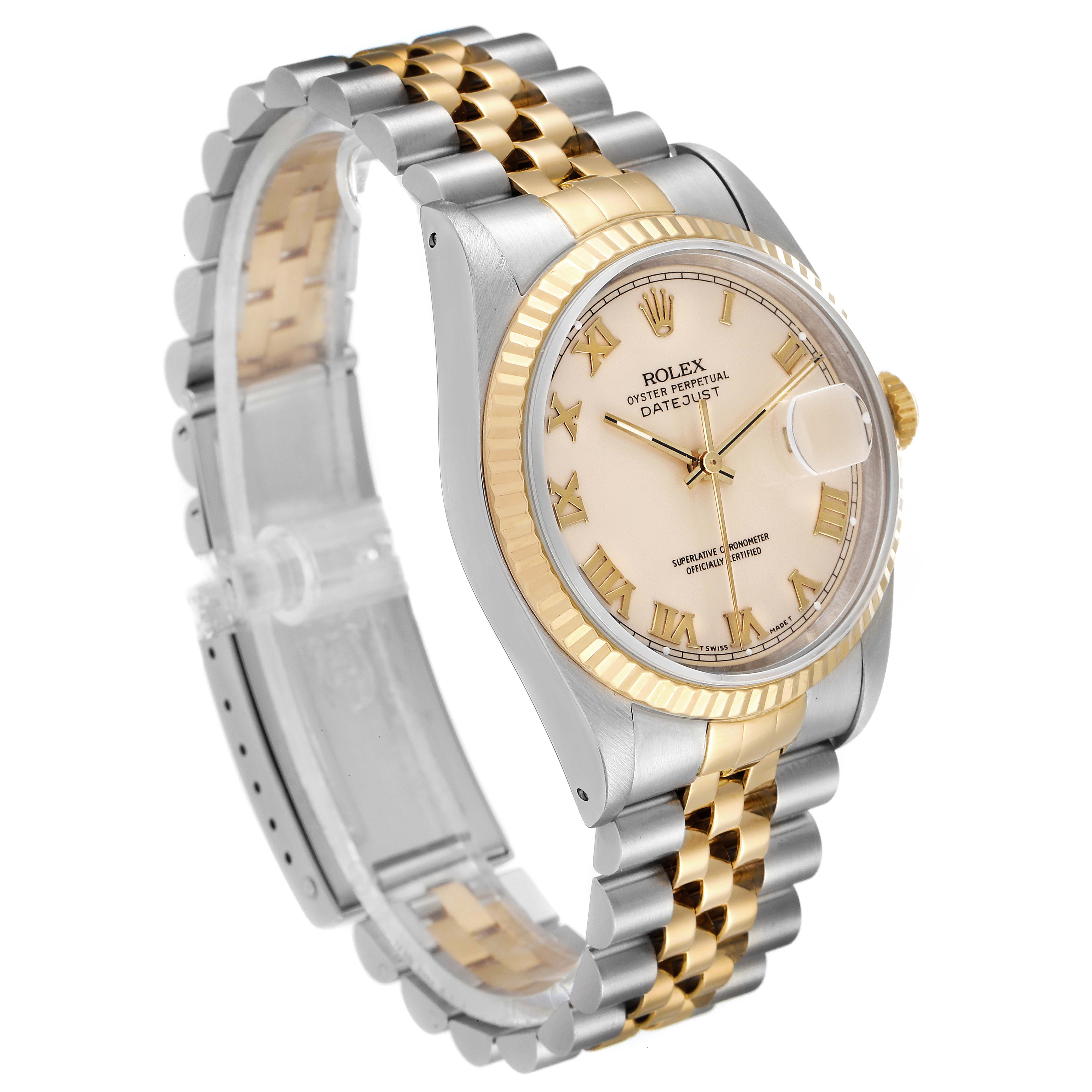 This image shows a side angle of the Rolex Datejust 16233 Men's Steel and Gold (two tone) Beige Dial 16233 Men's Steel and Gold (two tone) Beige Dial watch, highlighting its two-tone band and fluted bezel.