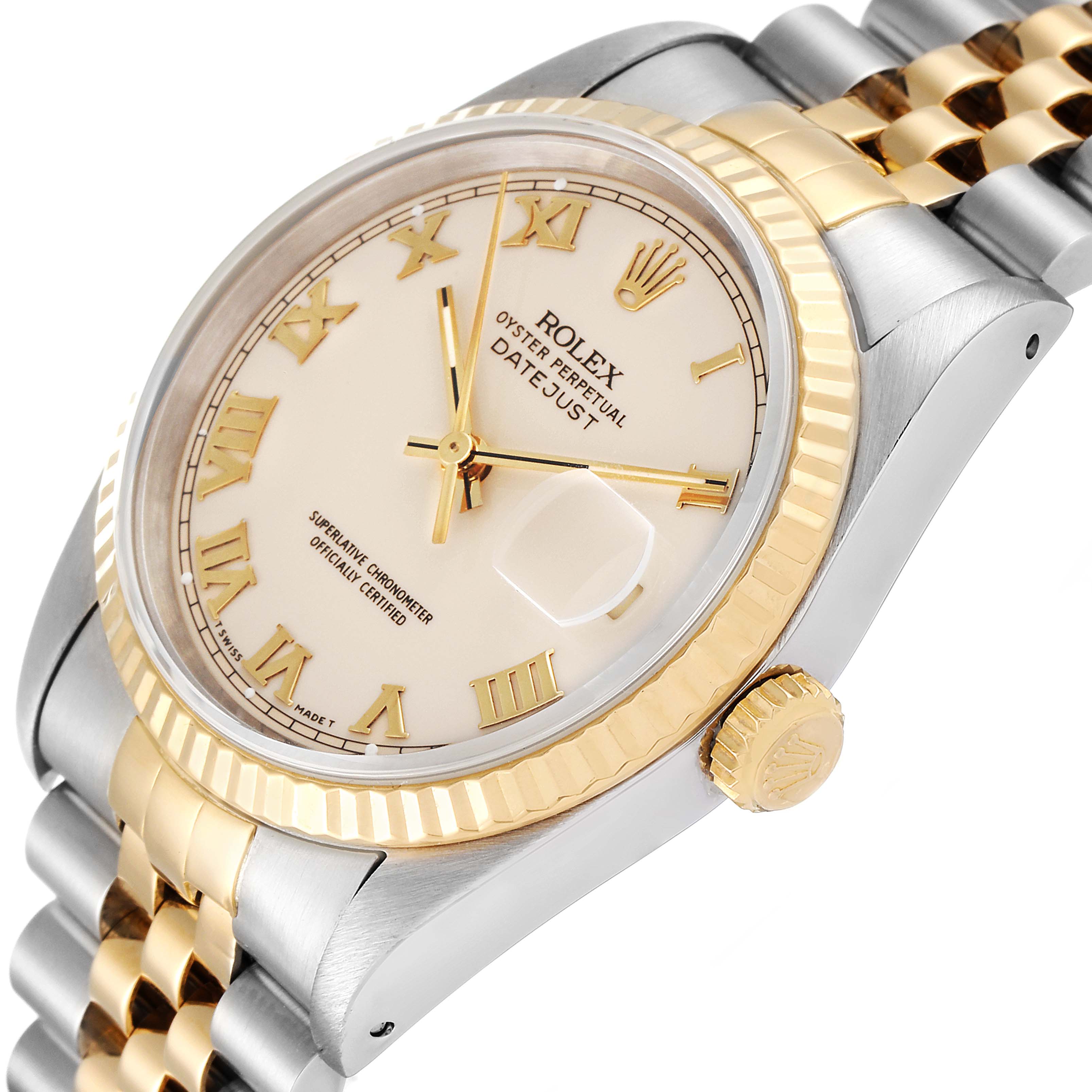 The Rolex Datejust 16233 Men's Steel and Gold (two tone) Beige Dial 16233 Men's Steel and Gold (two tone) Beige Dial watch is shown from an angled close-up, highlighting the dial, crown, bezel, and part of the bracelet.