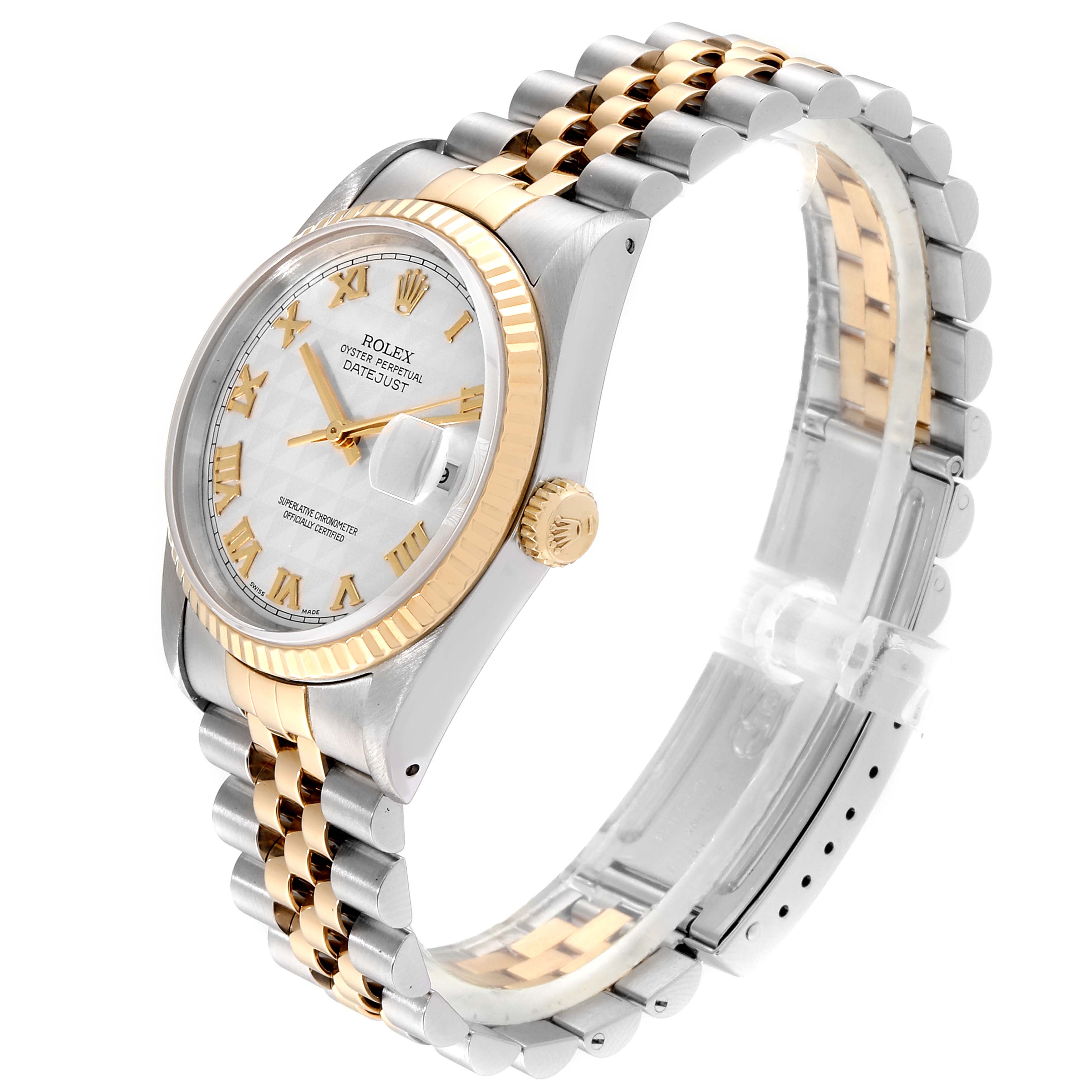 The image shows a Rolex Datejust 16233 Men
s Steel and Gold (two tone) Silver Dial 16233 Men
s Steel and Gold (two tone) Silver Dial watch at an angle highlighting the face, crown, and two-tone Jubilee bracelet.