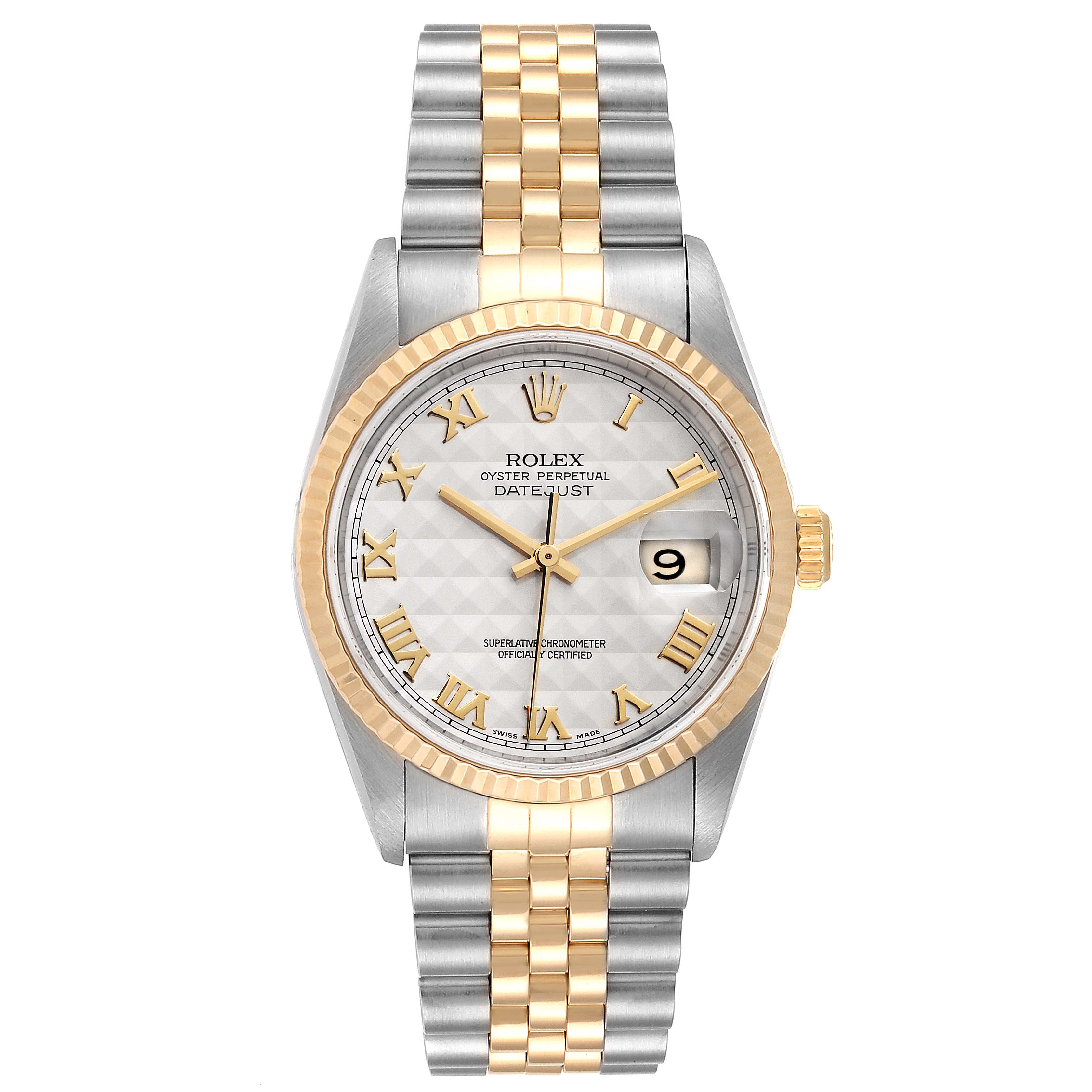 This Rolex Datejust 16233 Men
s Steel and Gold (two tone) Silver Dial 16233 Men
s Steel and Gold (two tone) Silver Dial model is shown from the front, highlighting its dial, bezel, and two-tone bracelet.
