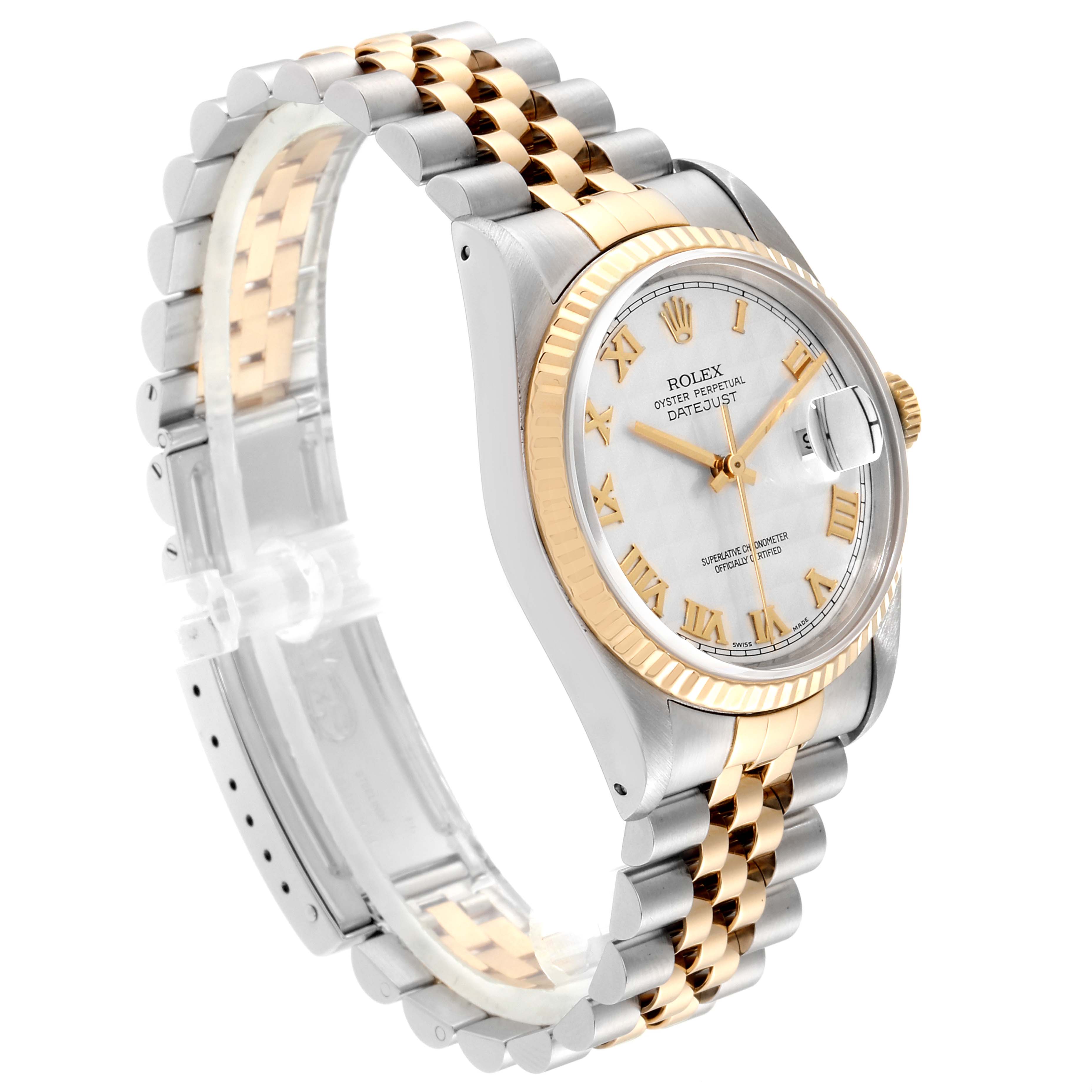 This Rolex Datejust 16233 Men
s Steel and Gold (two tone) Silver Dial 16233 Men
s Steel and Gold (two tone) Silver Dial model is shown at a three-quarter angle, displaying the bracelet, bezel, and face.