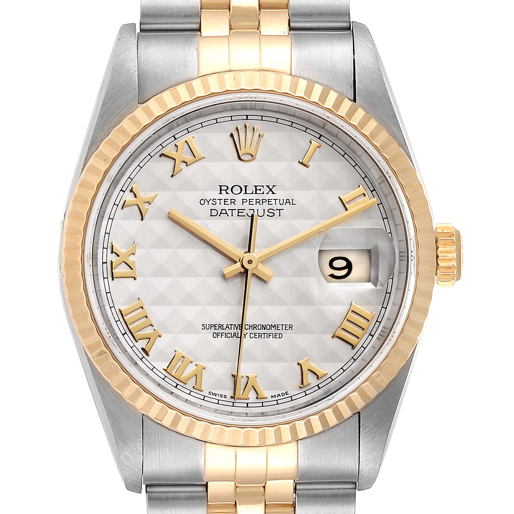 This image shows a front view of a Rolex Datejust 16233 Men
s Steel and Gold (two tone) Silver Dial 16233 Men
s Steel and Gold (two tone) Silver Dial watch displaying its face, dial, bezel, and part of its bracelet.