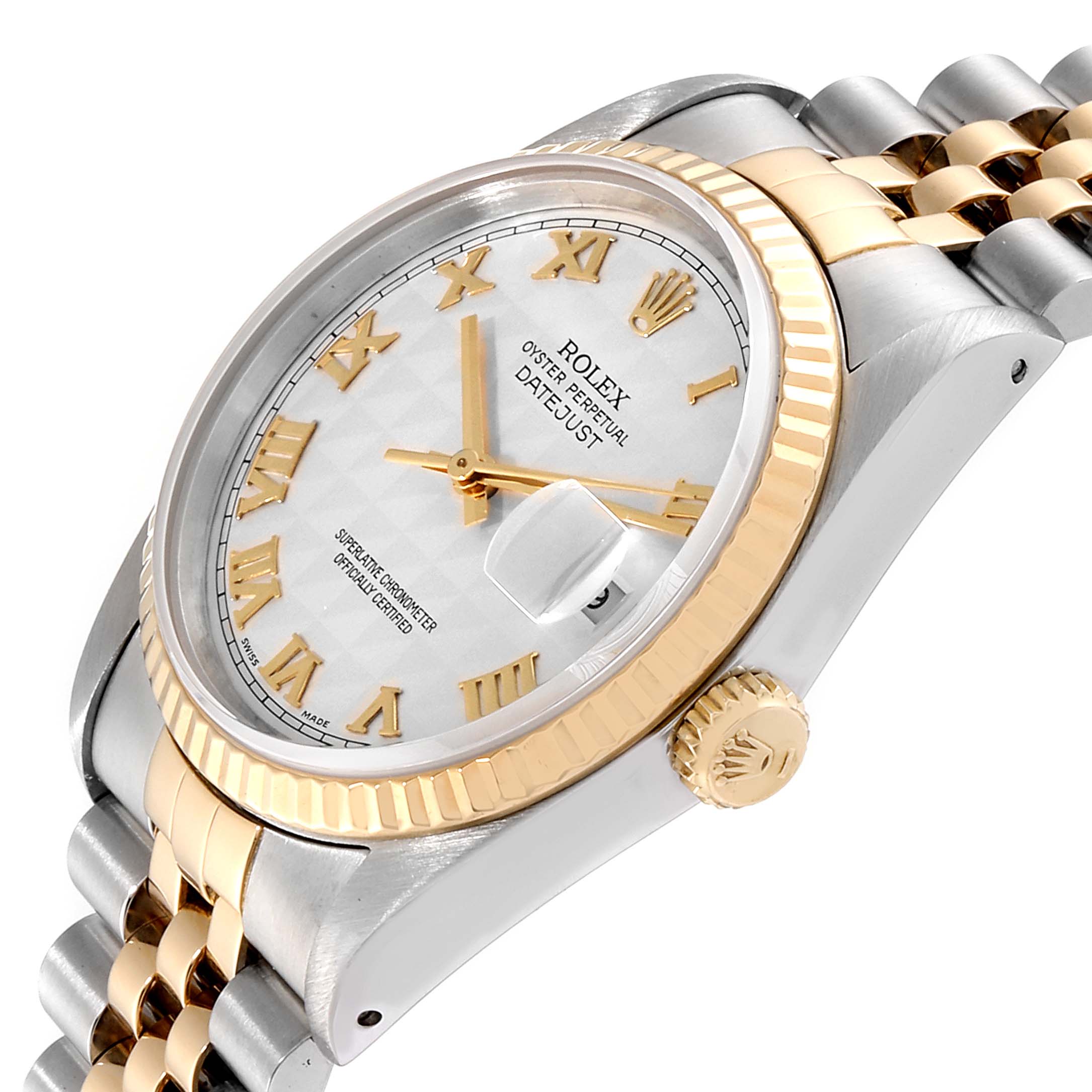 The image shows a Rolex Datejust 16233 Men
s Steel and Gold (two tone) Silver Dial 16233 Men
s Steel and Gold (two tone) Silver Dial watch at a diagonal angle, highlighting its face, bezel, and crown.