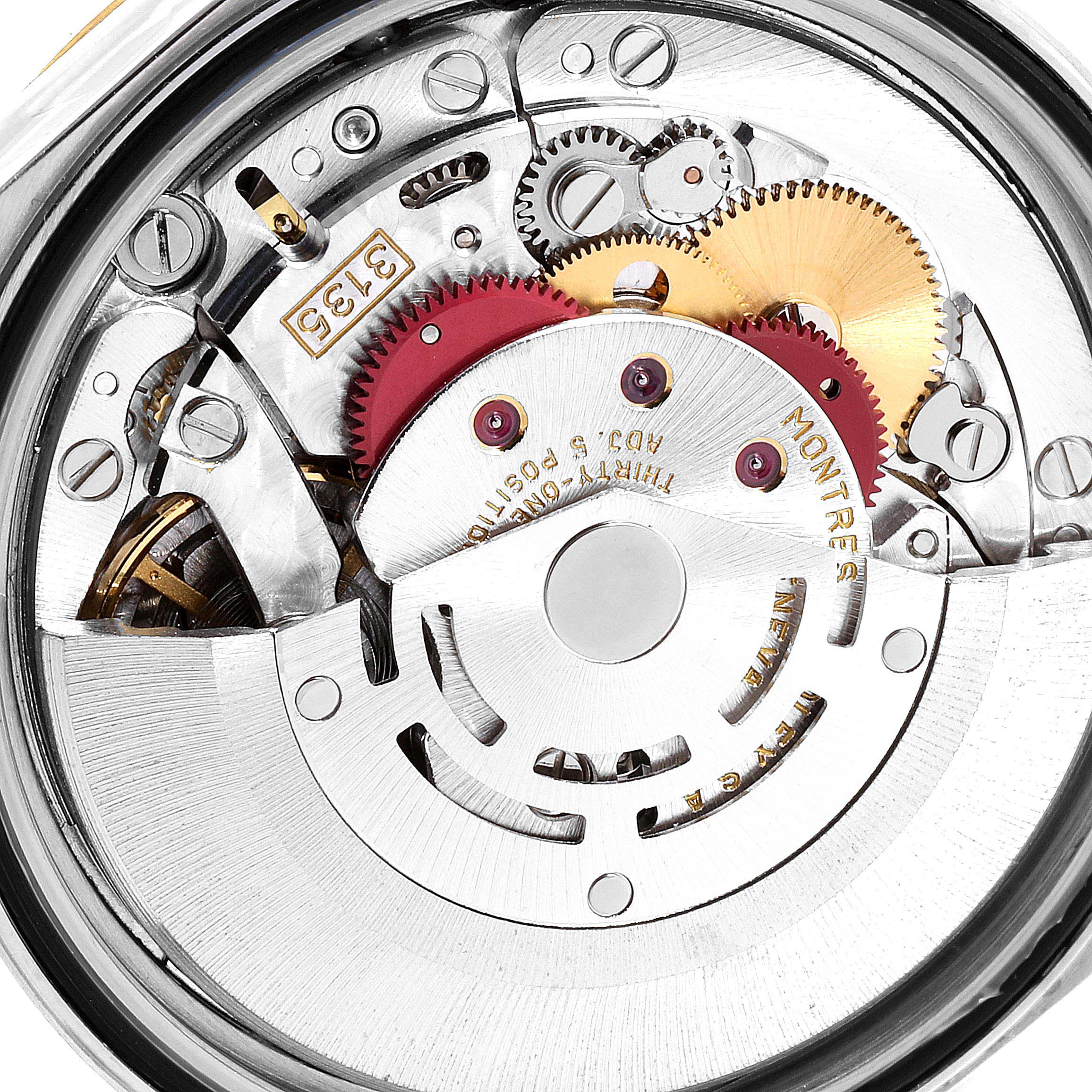 This image shows the inner mechanical movement of a Rolex Datejust 16233 Men
s Steel and Gold (two tone) Silver Dial 16233 Men
s Steel and Gold (two tone) Silver Dial watch from a close-up, top-down angle.