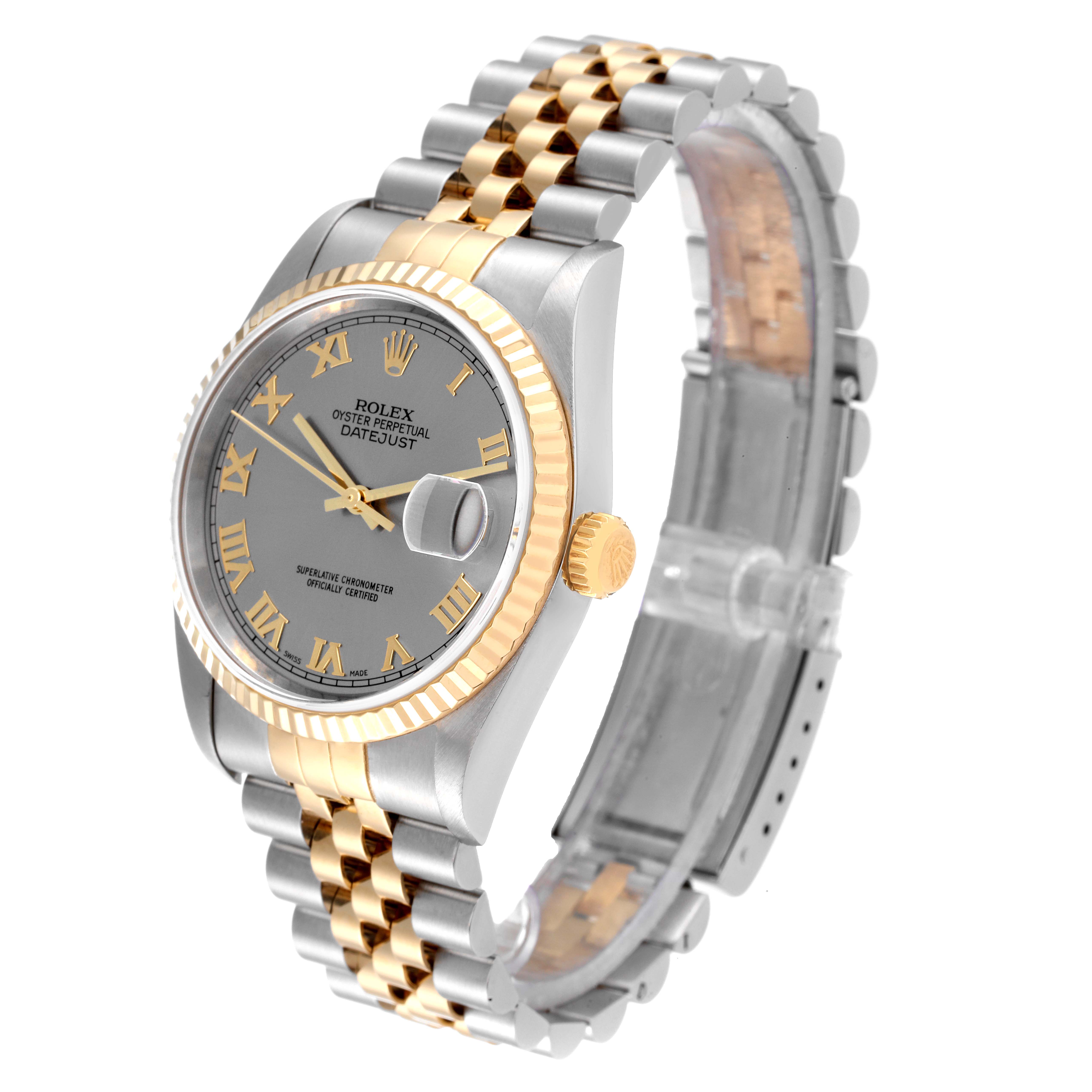 The image shows a Rolex Datejust 16233 Men
s Steel and Gold (two tone) Grey Dial 16233 Men
s Steel and Gold (two tone) Grey Dial watch at a three-quarter angle, highlighting the face, bezel, crown, and the two-tone bracelet.