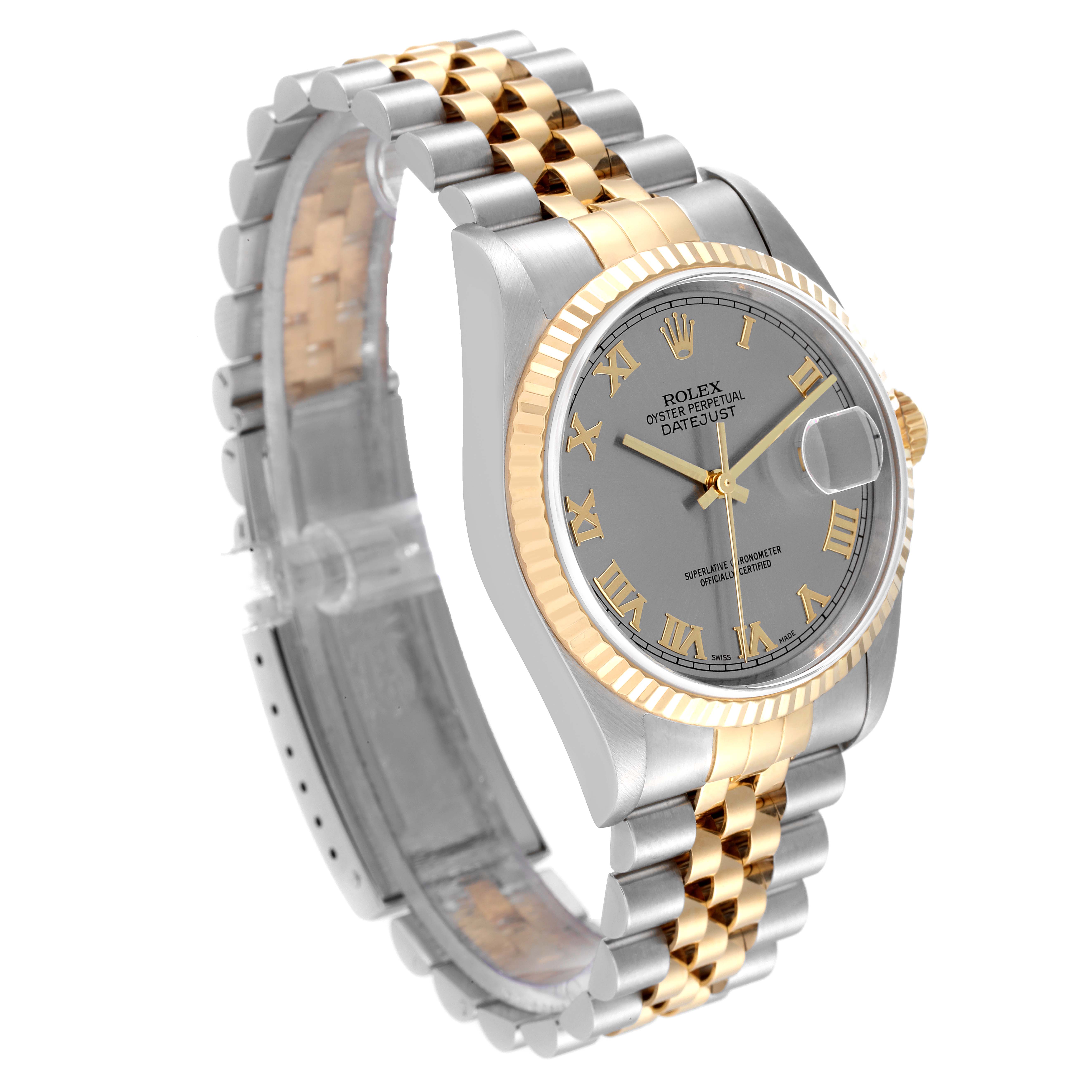 The image shows a Rolex Datejust 16233 Men
s Steel and Gold (two tone) Grey Dial 16233 Men
s Steel and Gold (two tone) Grey Dial watch at a slight angle, focusing on its gold and silver bracelet, grey dial, and fluted bezel.