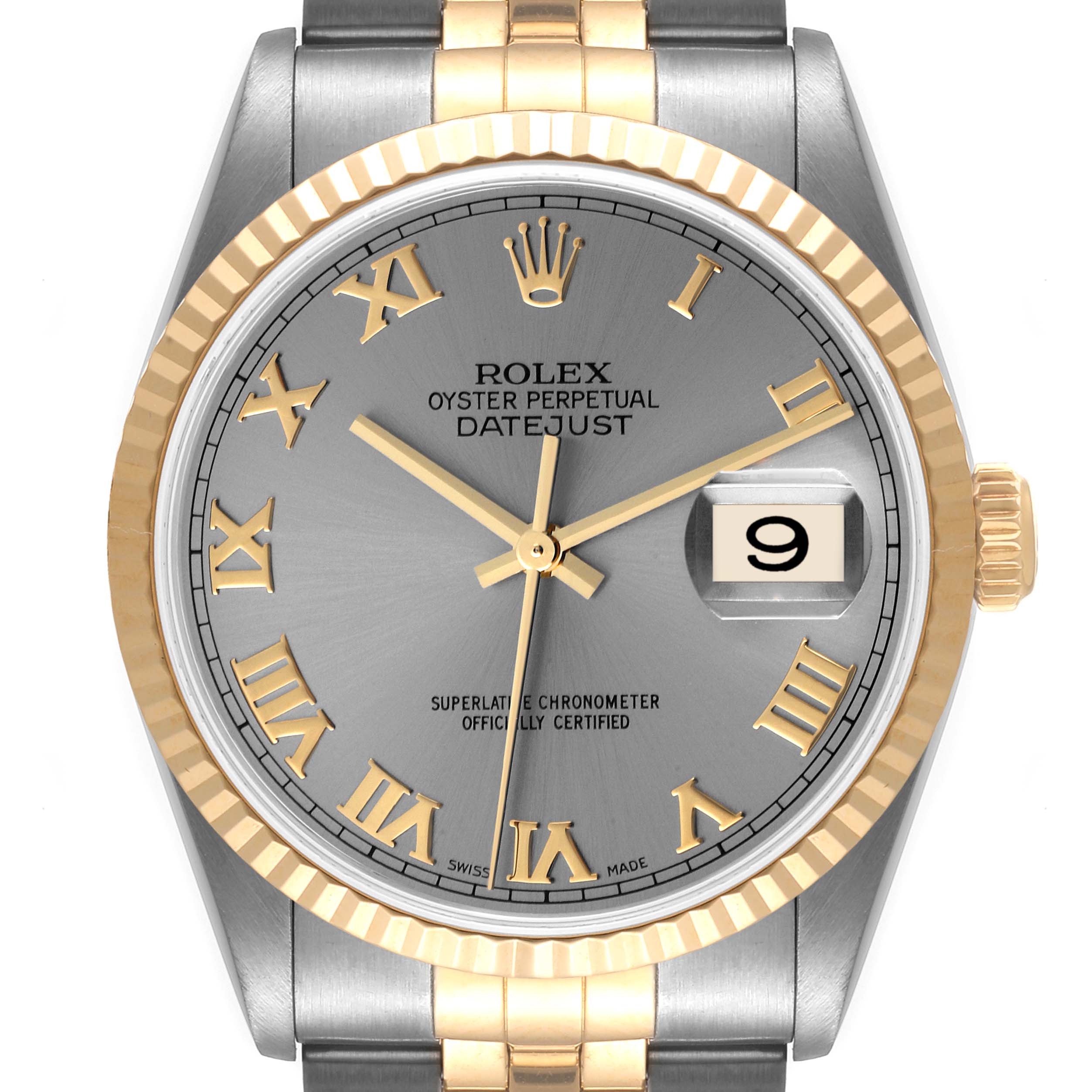 This image shows a front view of the Rolex Datejust 16233 Men
s Steel and Gold (two tone) Grey Dial 16233 Men
s Steel and Gold (two tone) Grey Dial watch face, bezel, and part of the bracelet.