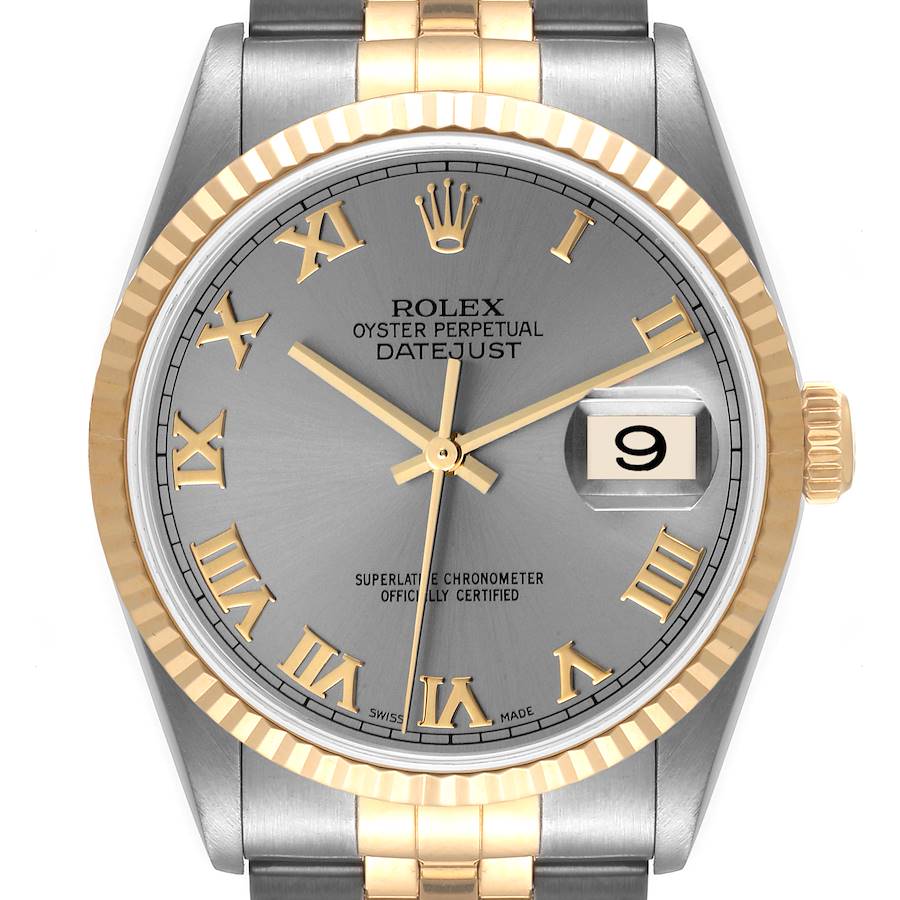 This image shows a front view of the Rolex Datejust watch face, bezel, and part of the bracelet.