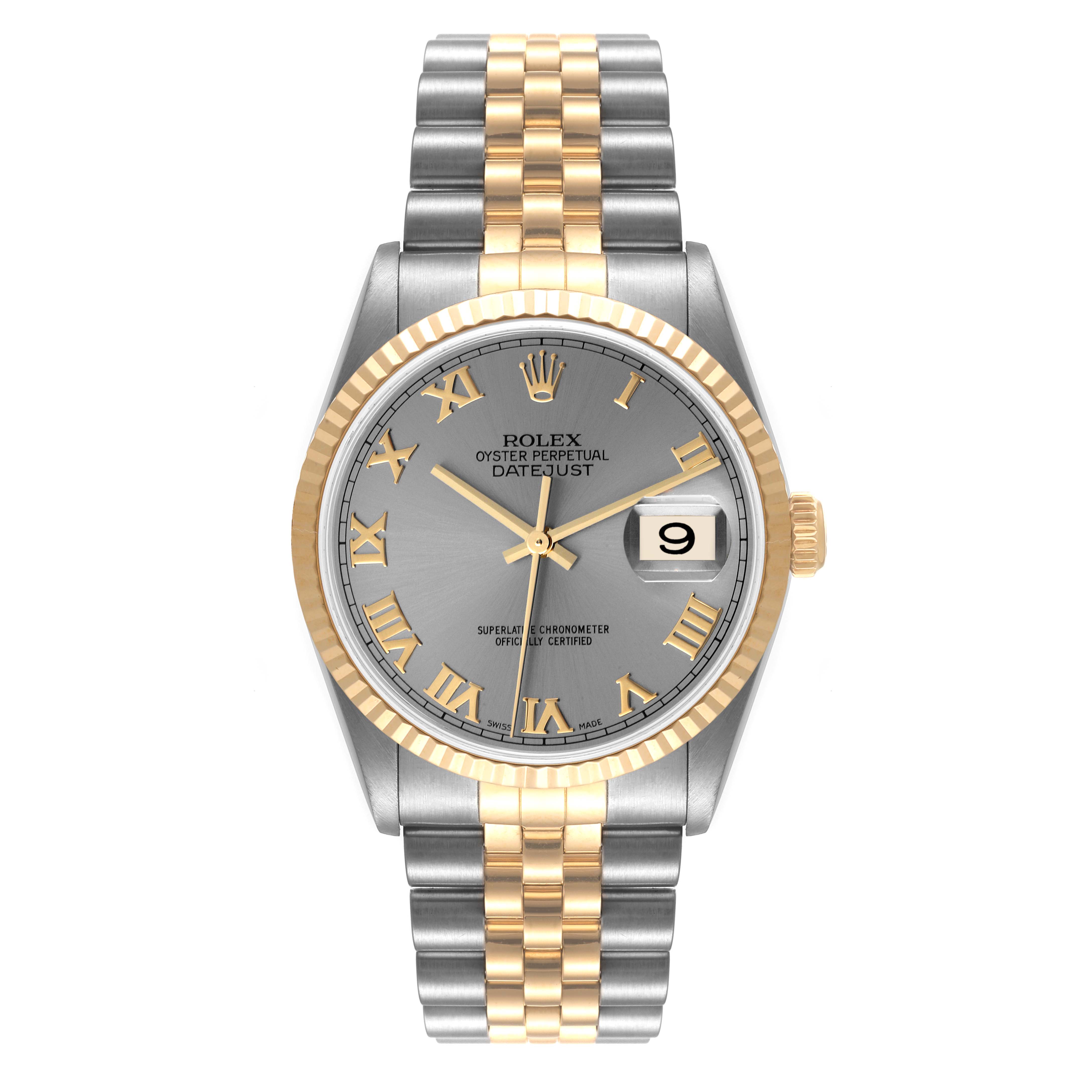 The image shows a Rolex Datejust 16233 Men
s Steel and Gold (two tone) Grey Dial 16233 Men
s Steel and Gold (two tone) Grey Dial watch with a gold and stainless steel bracelet, gold fluted bezel, and grey dial with Roman numerals.