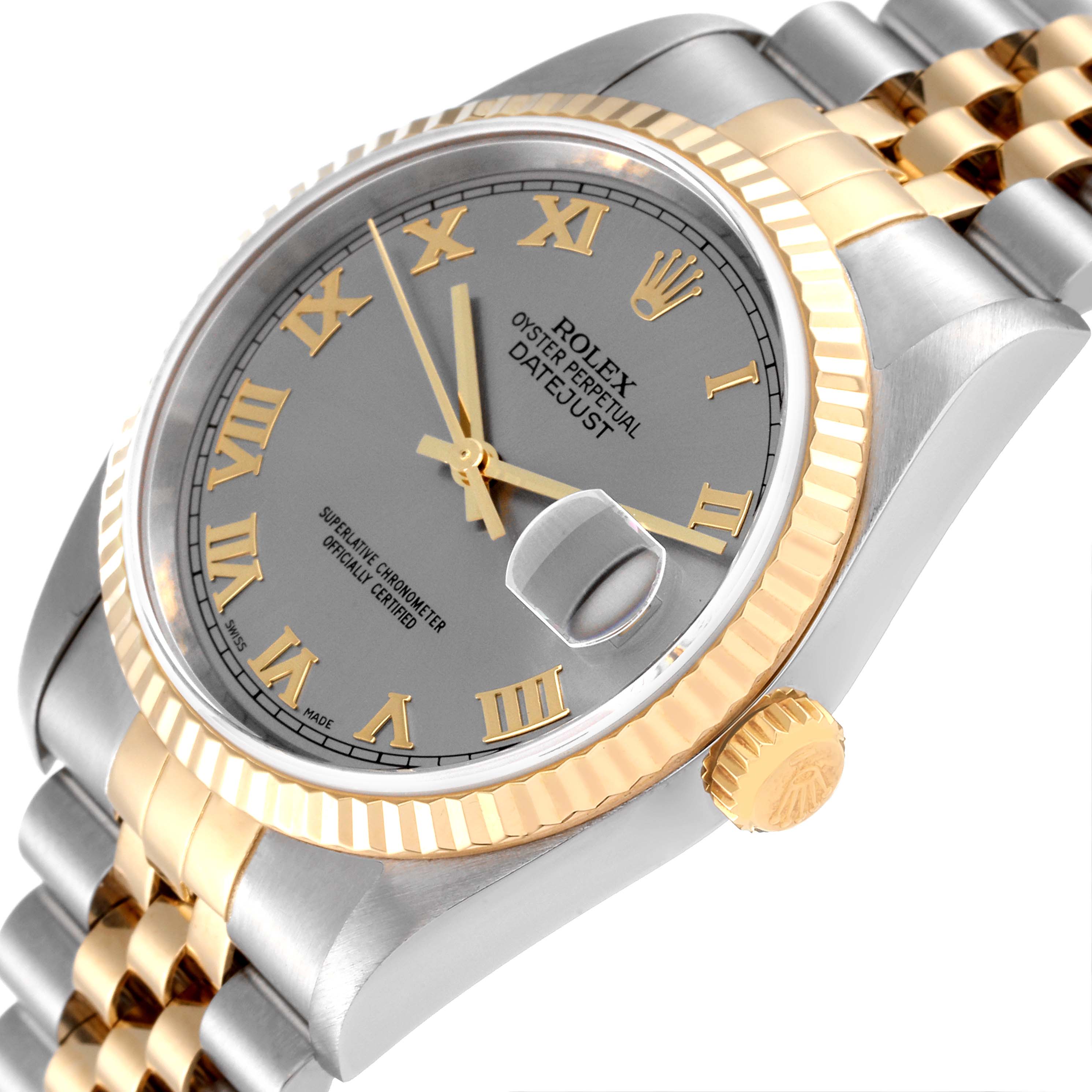 The image shows a close-up angled view of a Rolex Datejust 16233 Men
s Steel and Gold (two tone) Grey Dial 16233 Men
s Steel and Gold (two tone) Grey Dial watch, highlighting the dial, crown, and part of the bracelet.