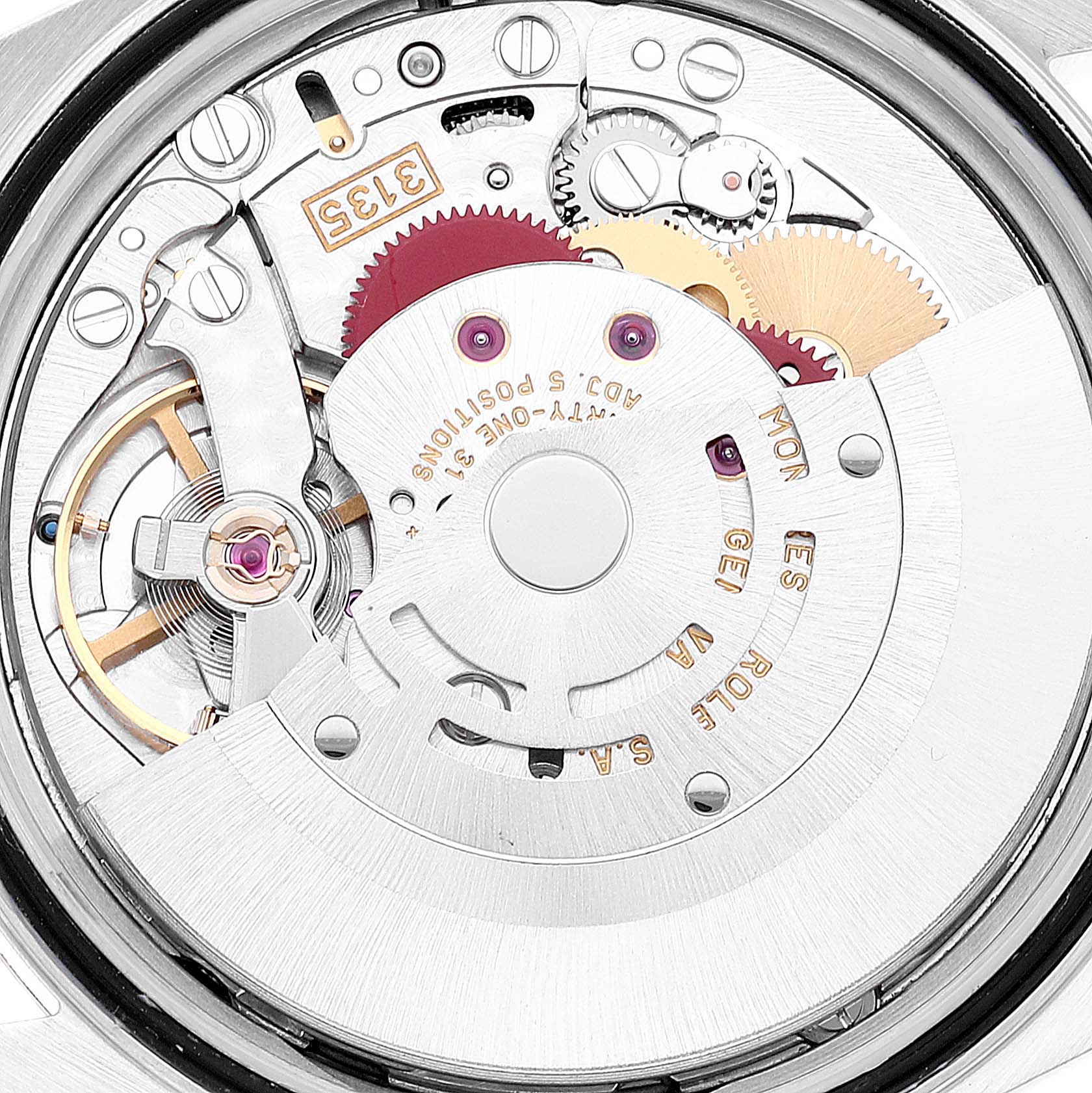 This image shows the internal movement of the Rolex Datejust 16233 Men
s Steel and Gold (two tone) Grey Dial 16233 Men
s Steel and Gold (two tone) Grey Dial watch, specifically the automatic winding mechanism and gears.