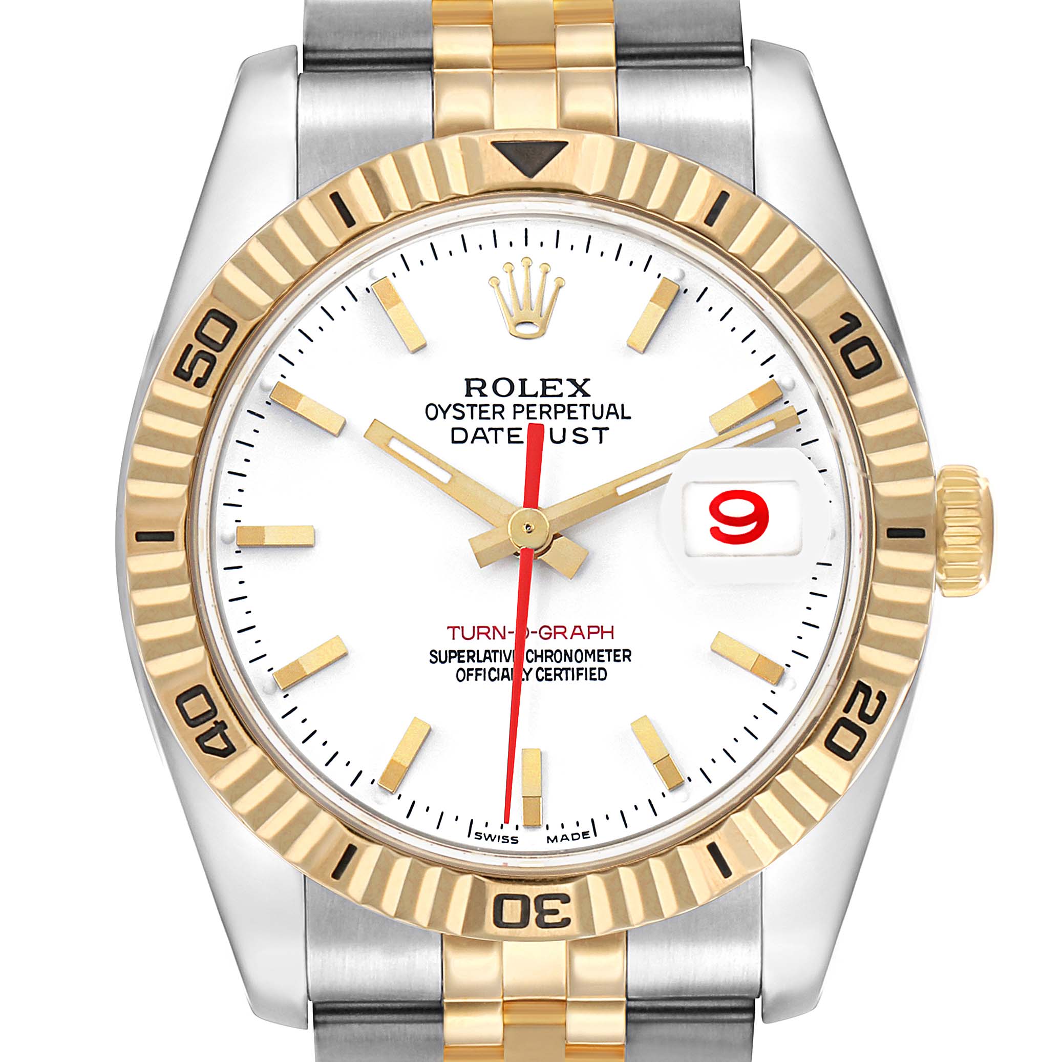 The Rolex Datejust 116263 Men's Steel and Gold (two tone) White Dial is shown from a top-down angle, featuring the bezel, dial, hands, and bracelet.
